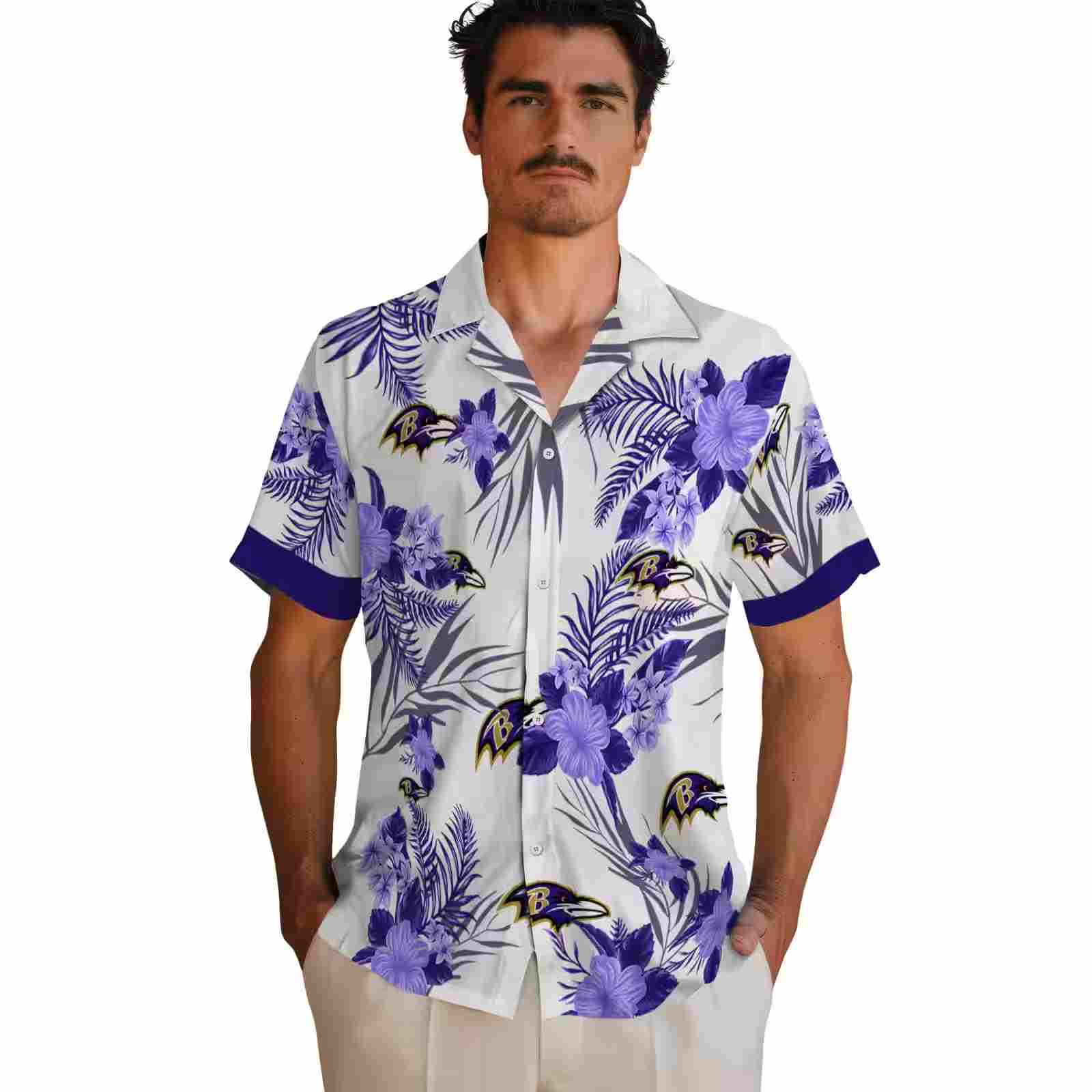 baltimore ravens patriotic hibiscus design purple white hawaiian shirt fashion forward