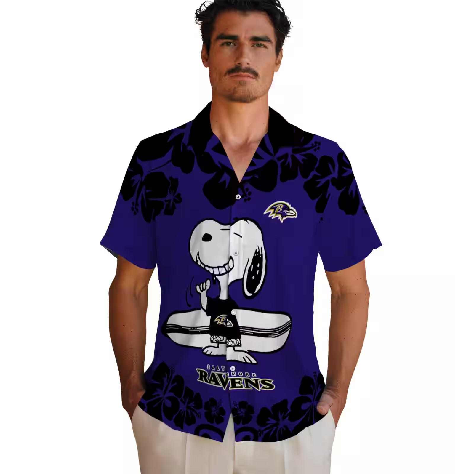 baltimore ravens snoopy surf purple white hawaiian shirt fashion forward