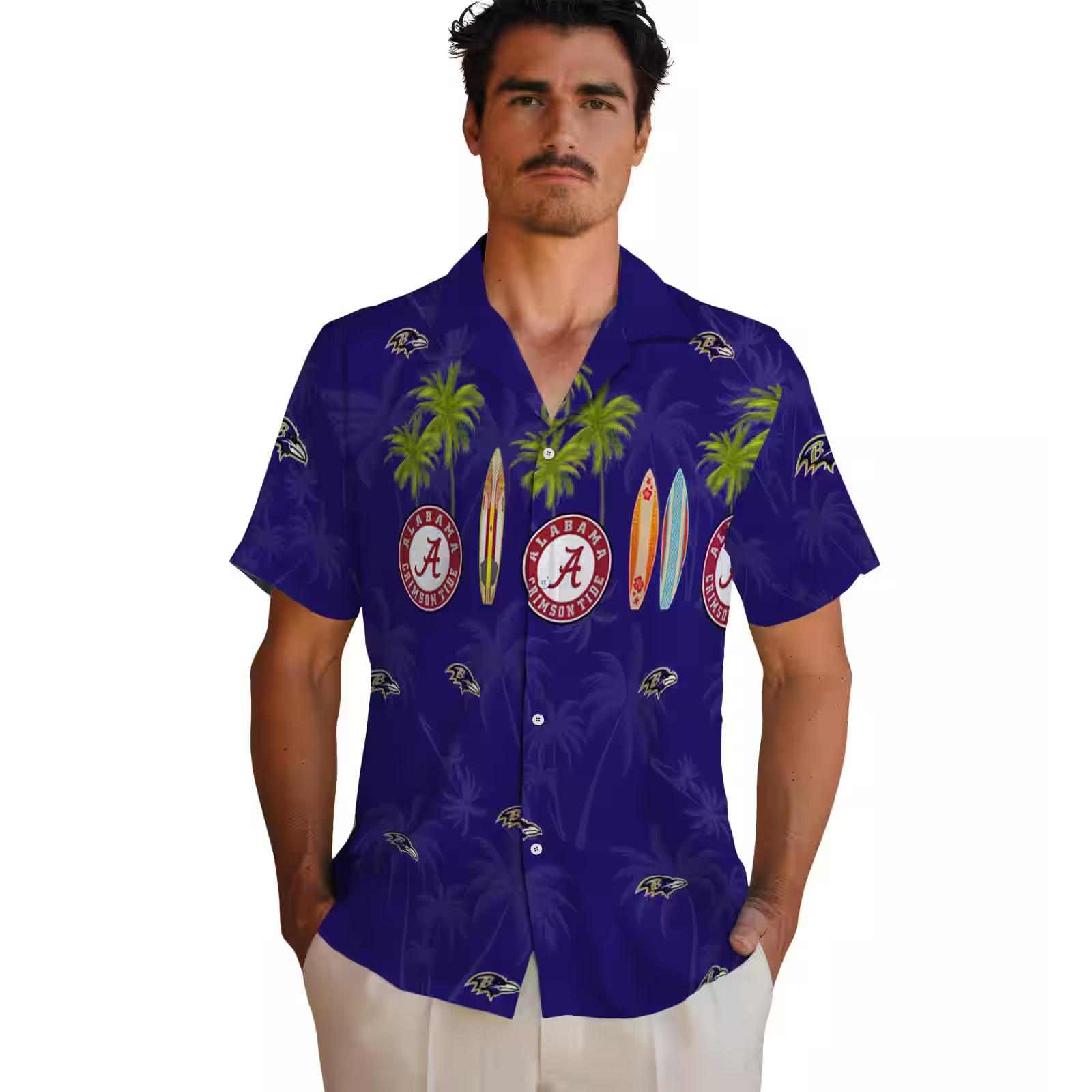 baltimore ravens surfboard palm purple hawaiian shirt fashion forward