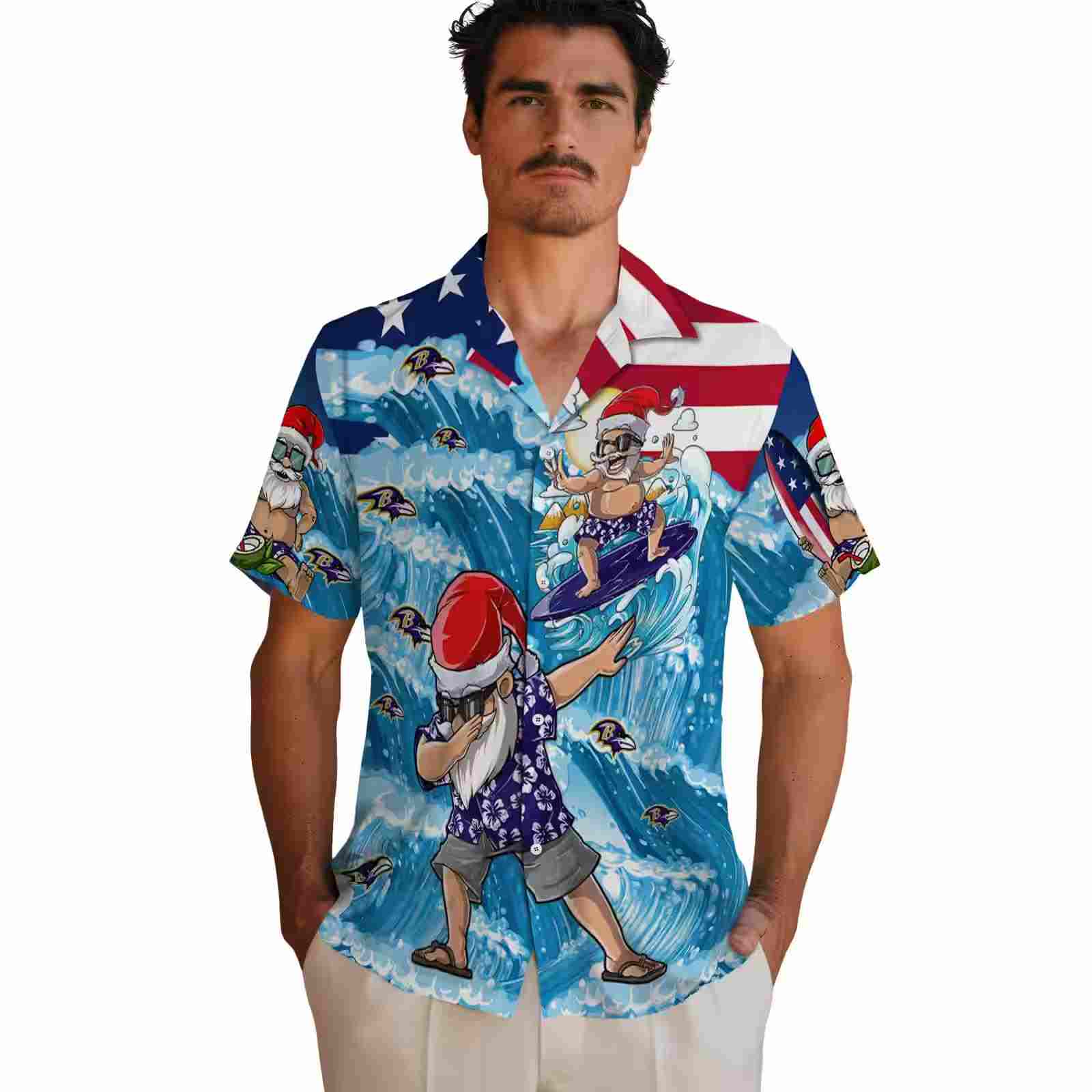 baltimore ravens surfing santa blue hawaiian shirt fashion forward