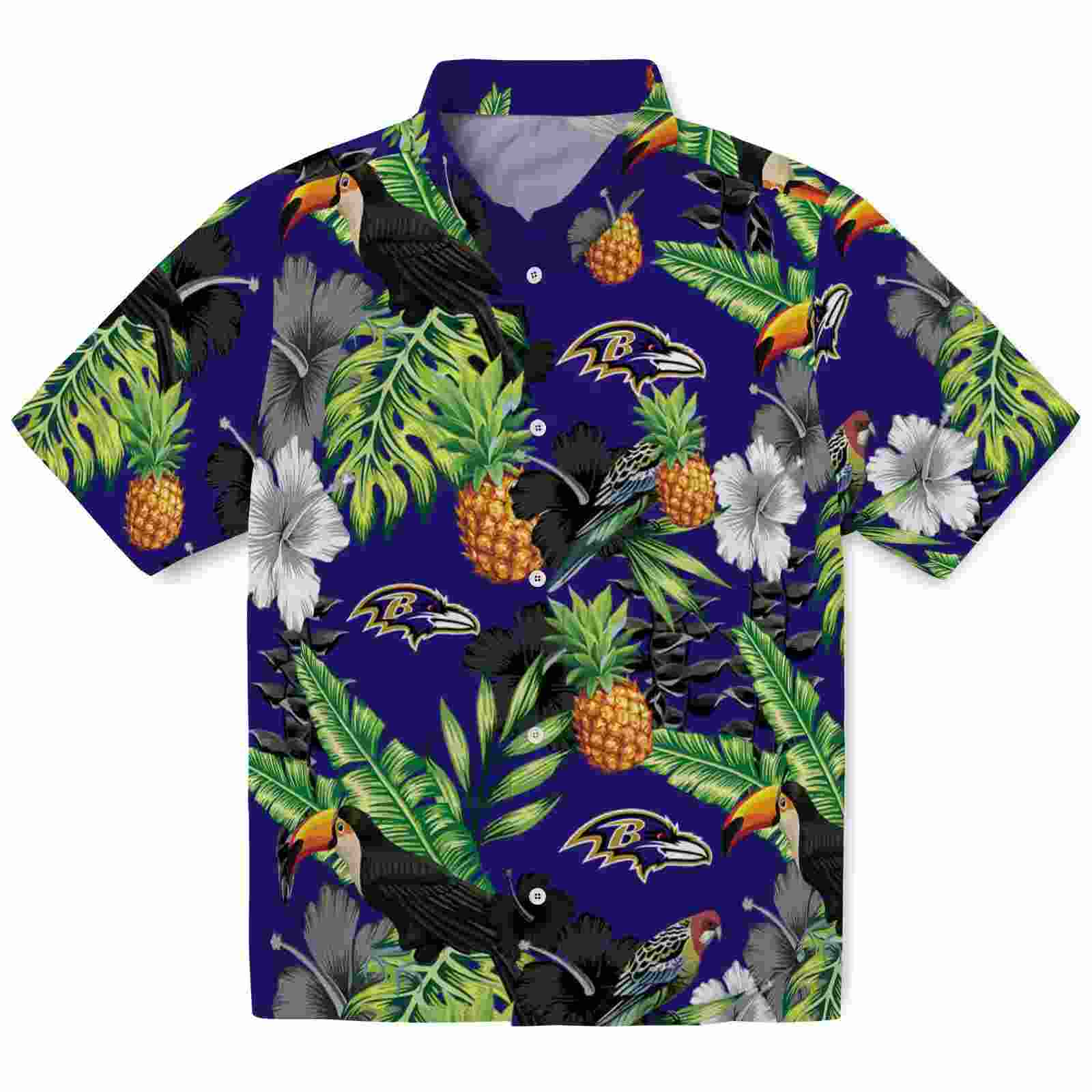 Baltimore Ravens Toucan Hibiscus Pineapple Purple Green Hawaiian Shirt