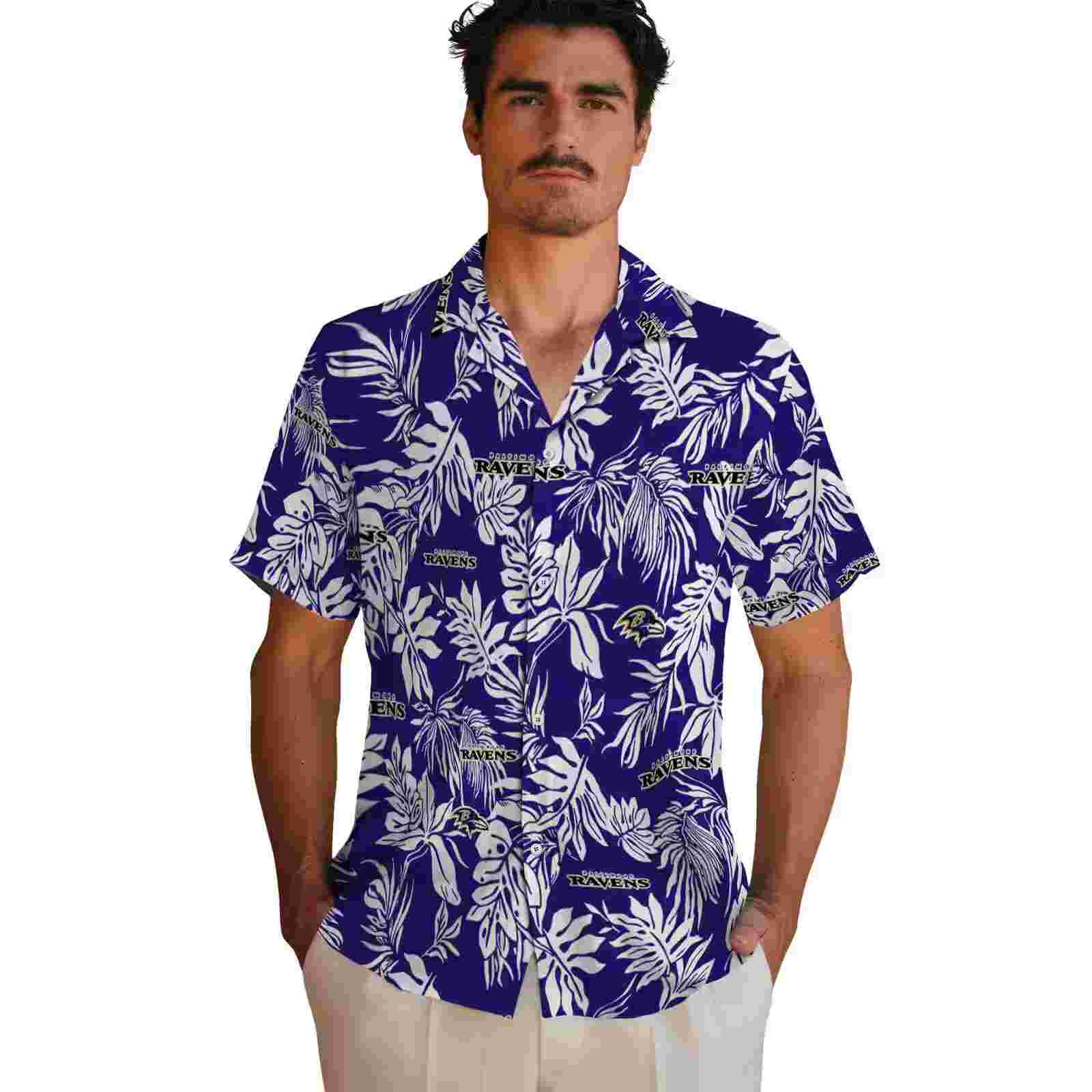 baltimore ravens tropical leaf purple white hawaiian shirt fashion forward