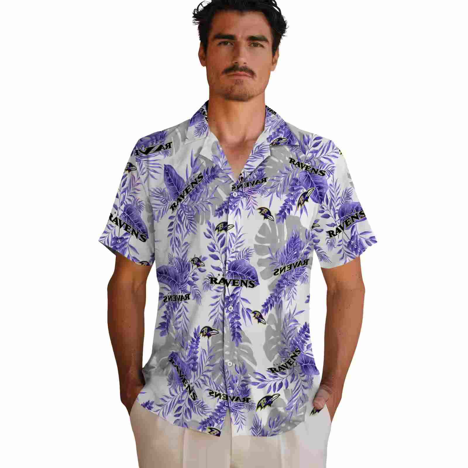 baltimore ravens tropical leaves purple white hawaiian shirt fashion forward