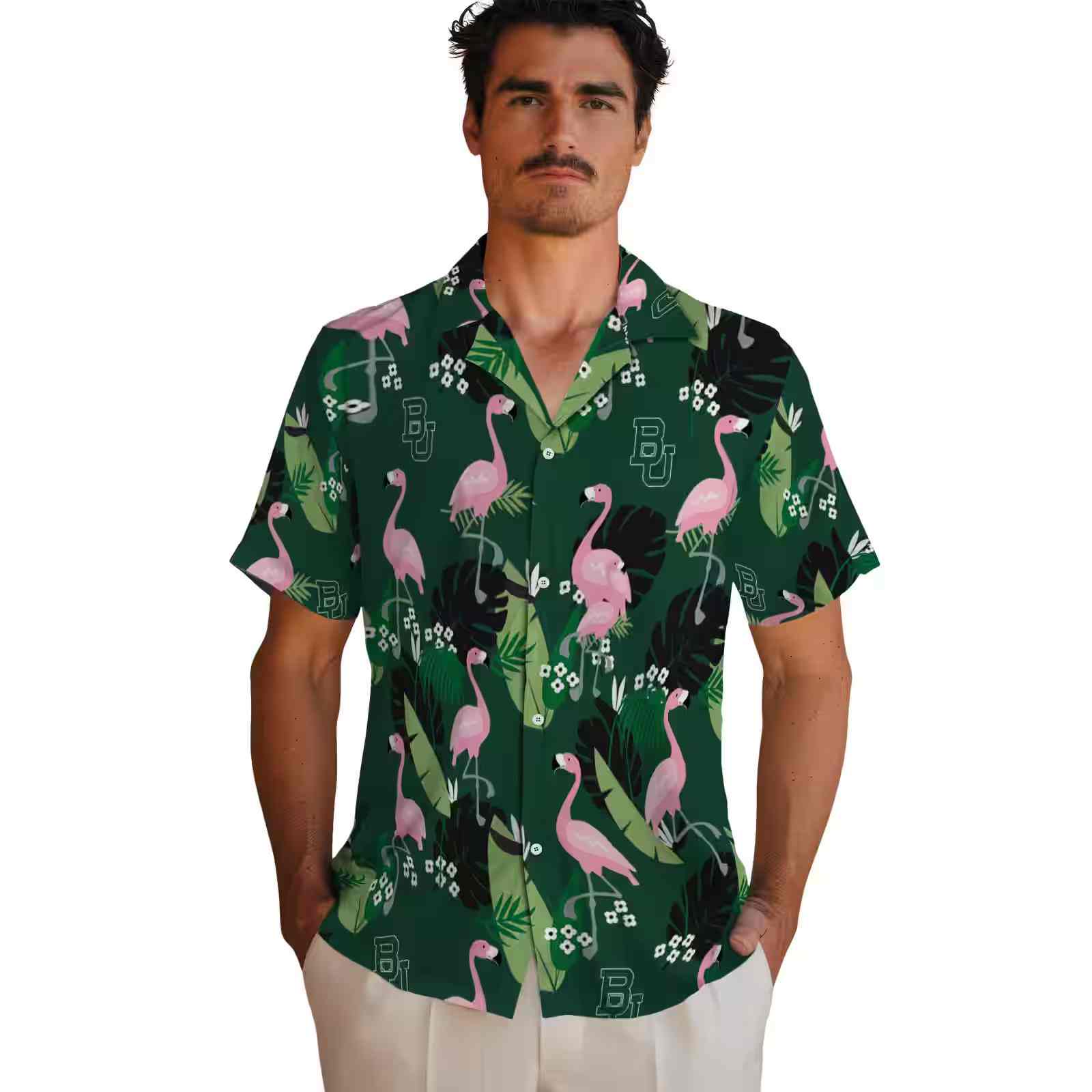 baylor bears flamingo leaf motif green hawaiian shirt fashion forward