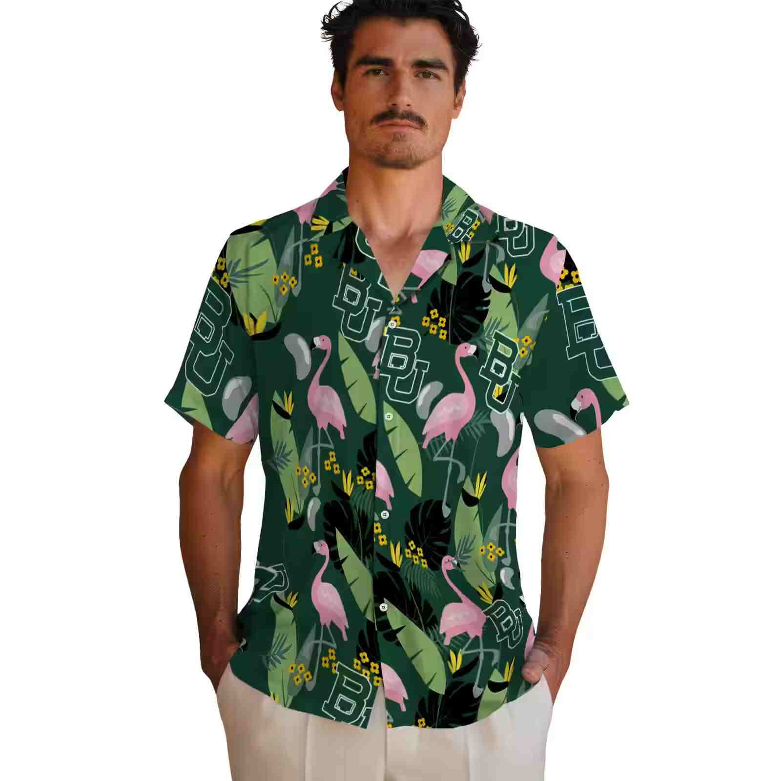 baylor bears flamingo leaves green hawaiian shirt fashion forward