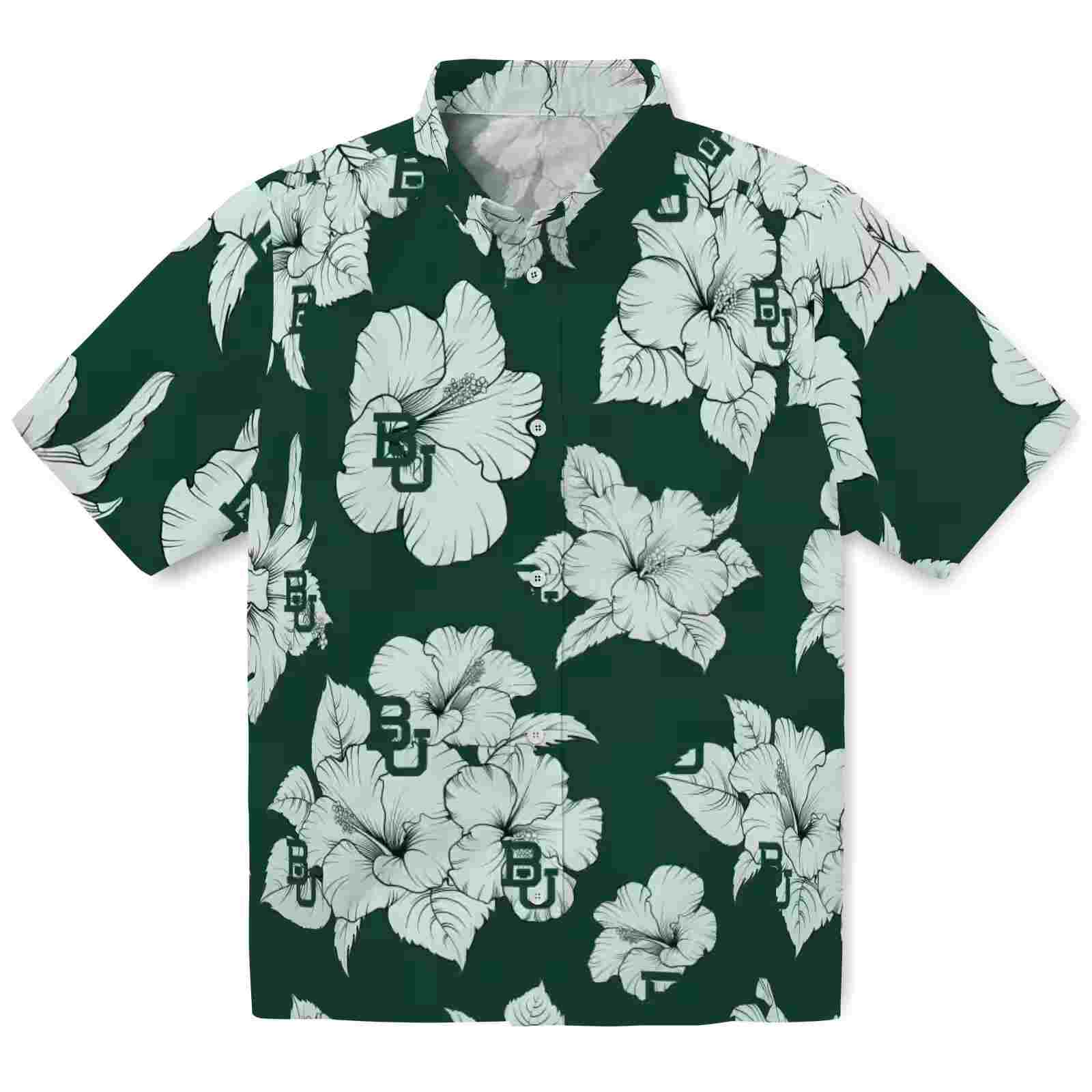 Baylor Bears Hibiscus Blooms Green White Hawaiian Shirt