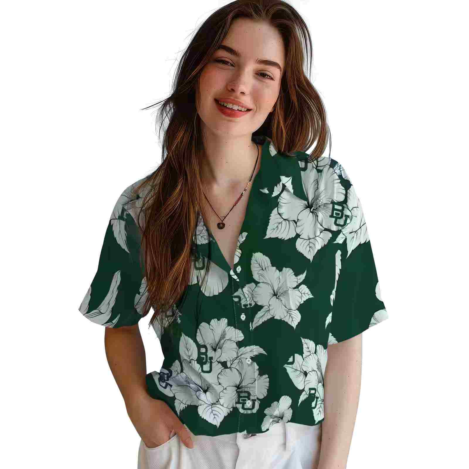 baylor bears hibiscus blooms green white hawaiian shirt latest model