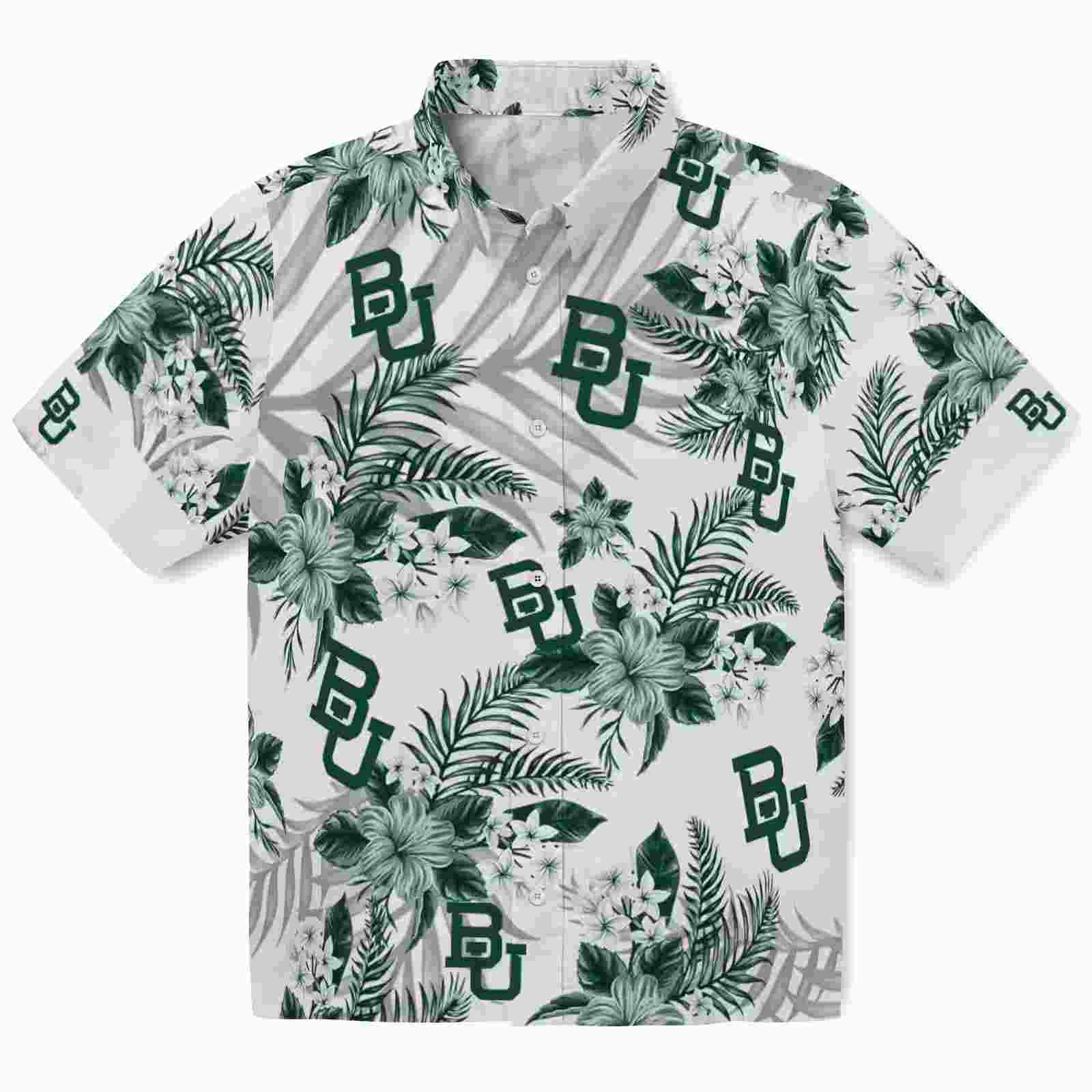 Baylor Bears Hibiscus Palm Leaves Green White Hawaiian Shirt