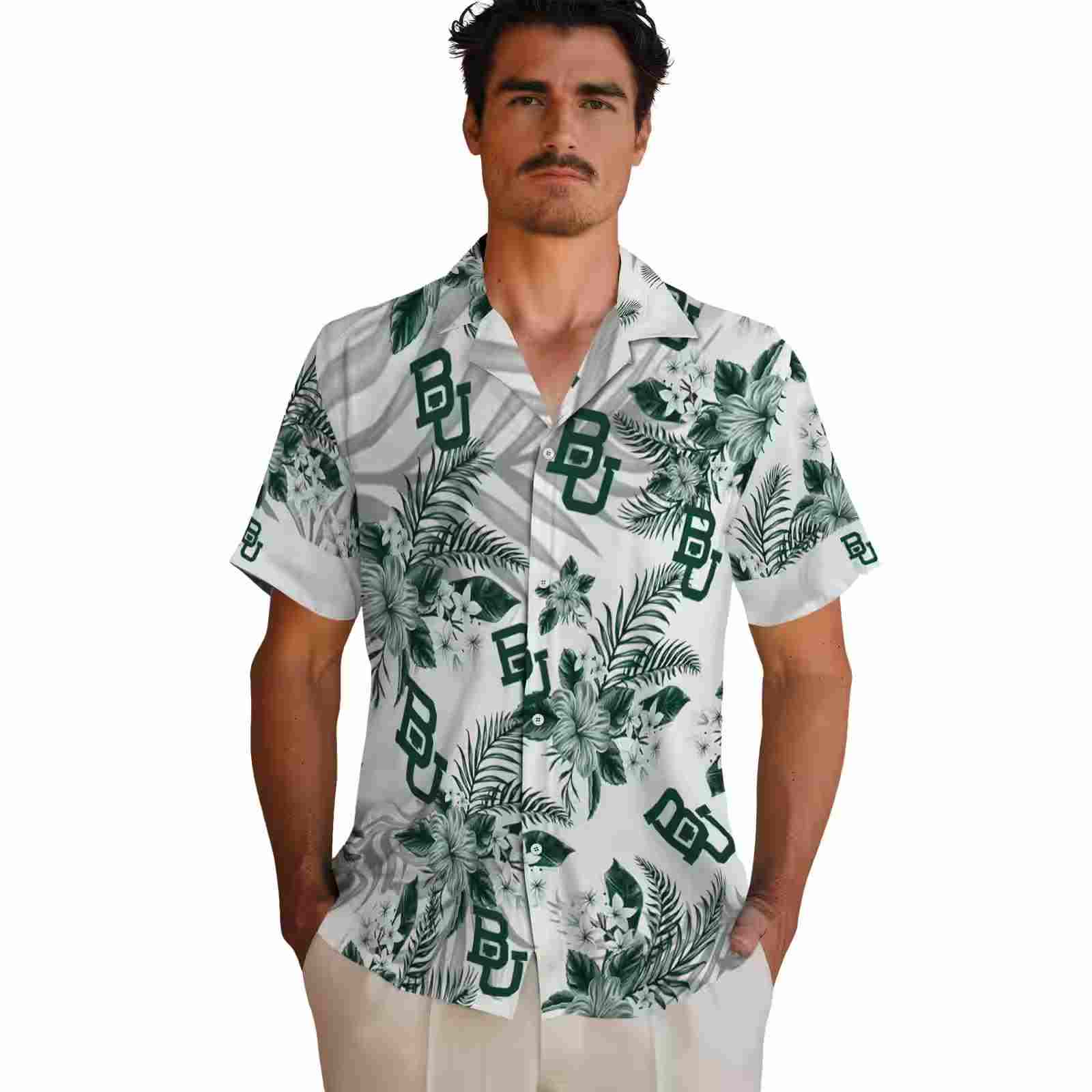 baylor bears hibiscus palm leaves green white hawaiian shirt fashion forward