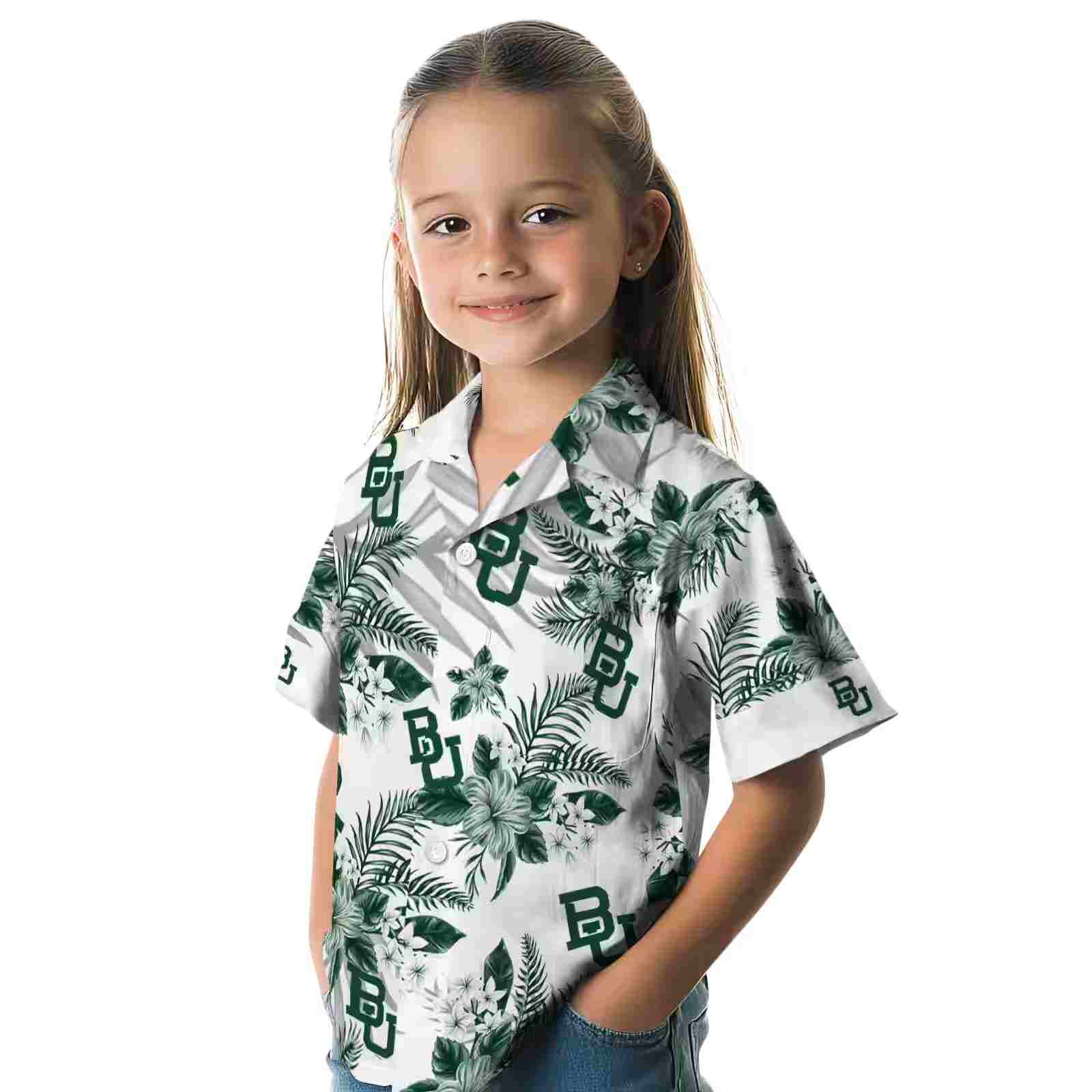 baylor bears hibiscus palm leaves green white hawaiian shirt premium grade