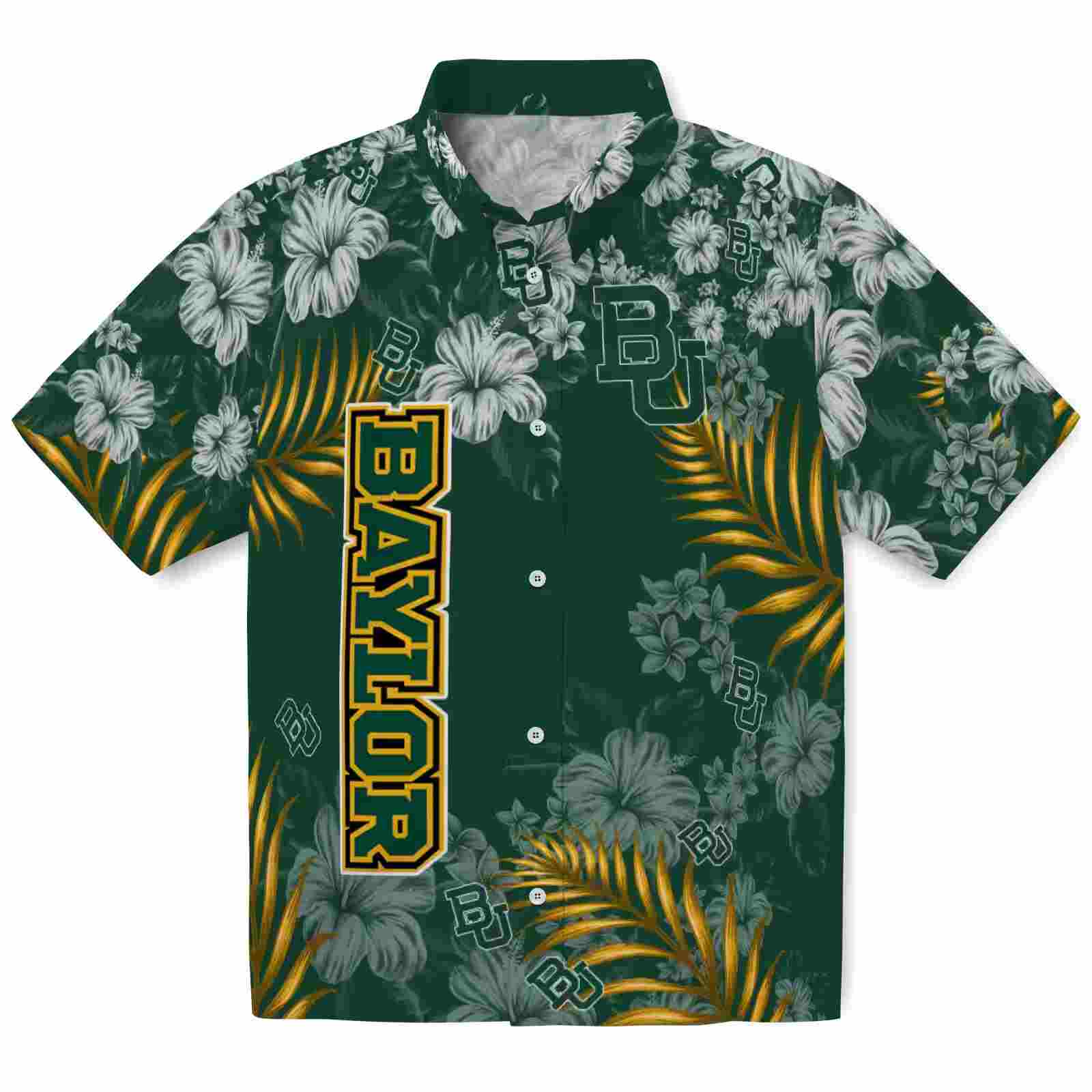 Baylor Bears Hibiscus Print Green Hawaiian Shirt