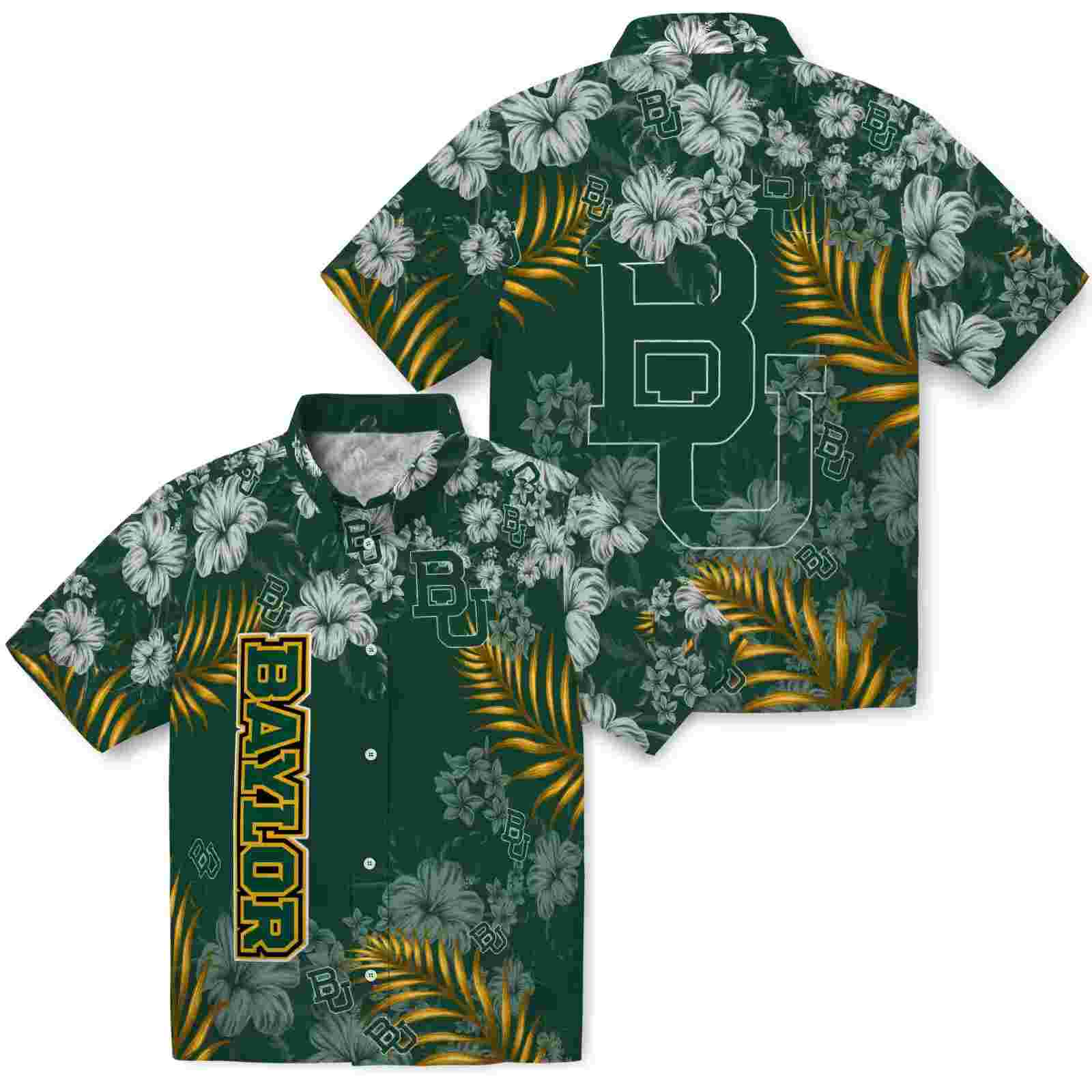 baylor bears hibiscus print green hawaiian shirt high quality