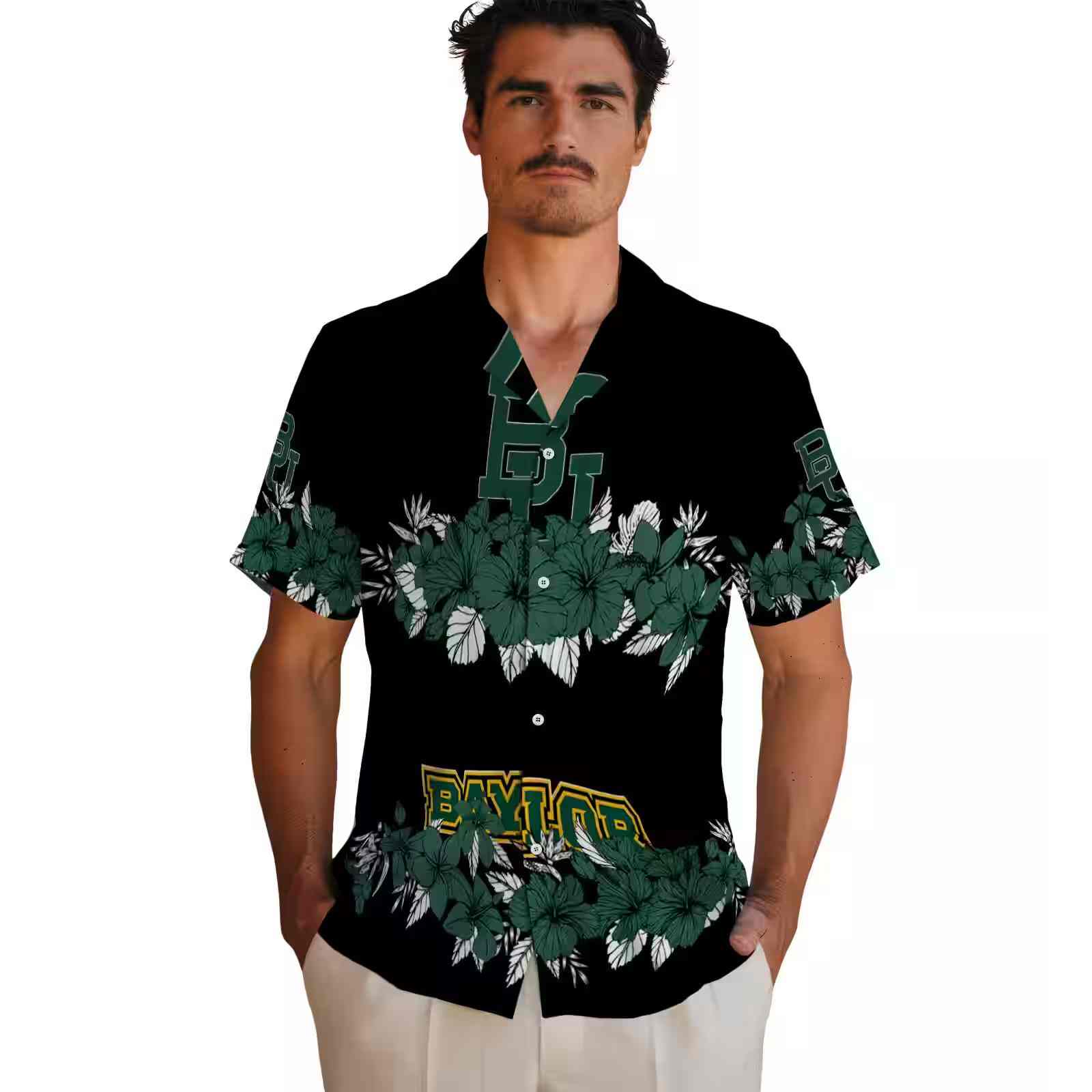 baylor bears hibiscus stripe green black hawaiian shirt fashion forward