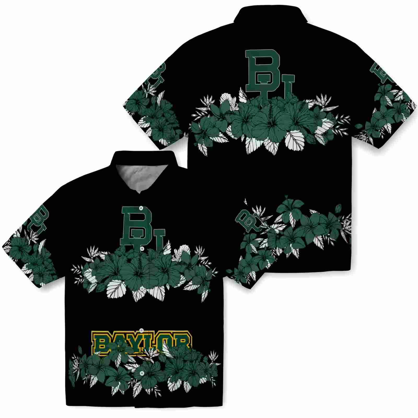 baylor bears hibiscus stripe green black hawaiian shirt high quality