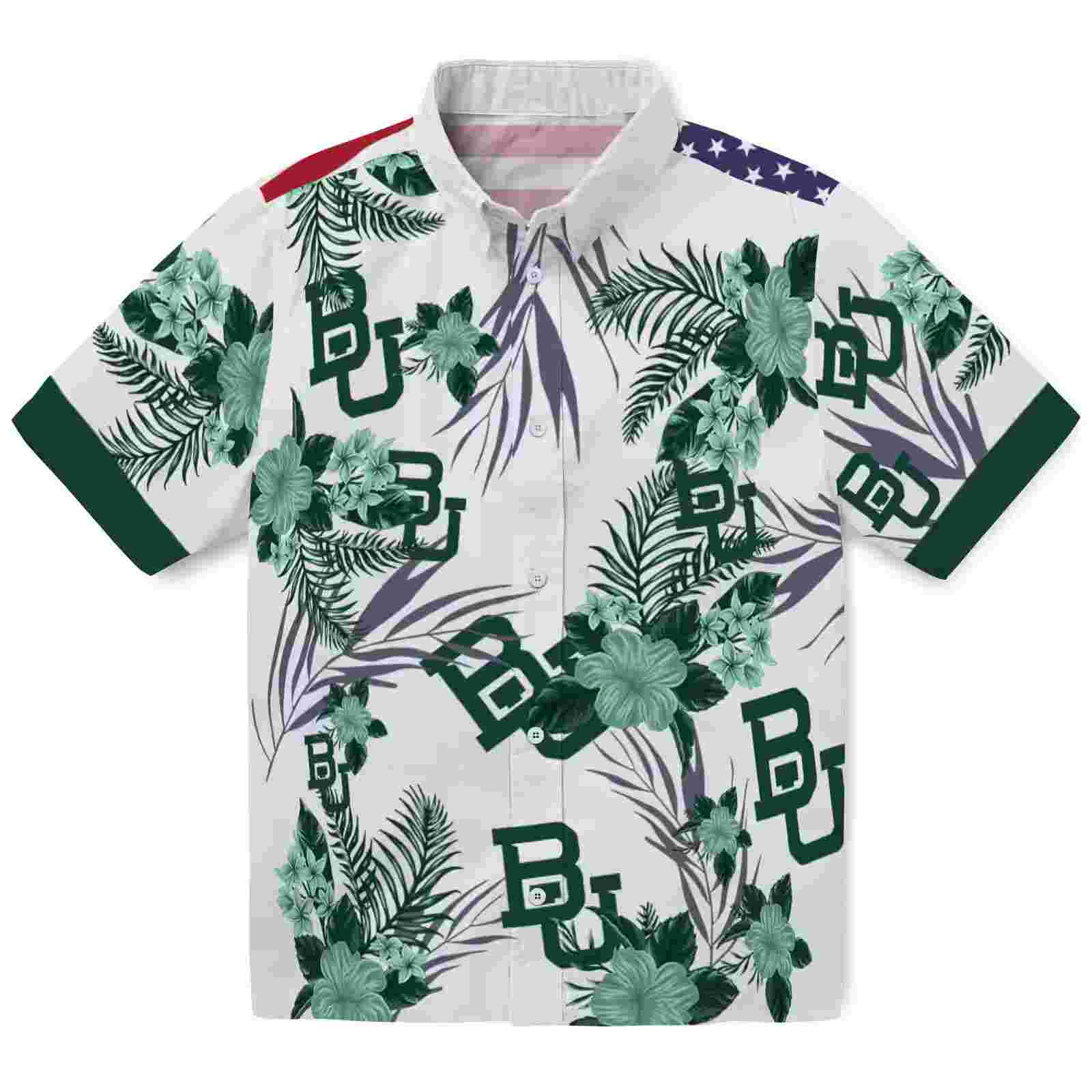 Baylor Bears Patriotic Hibiscus Design Green White Hawaiian Shirt