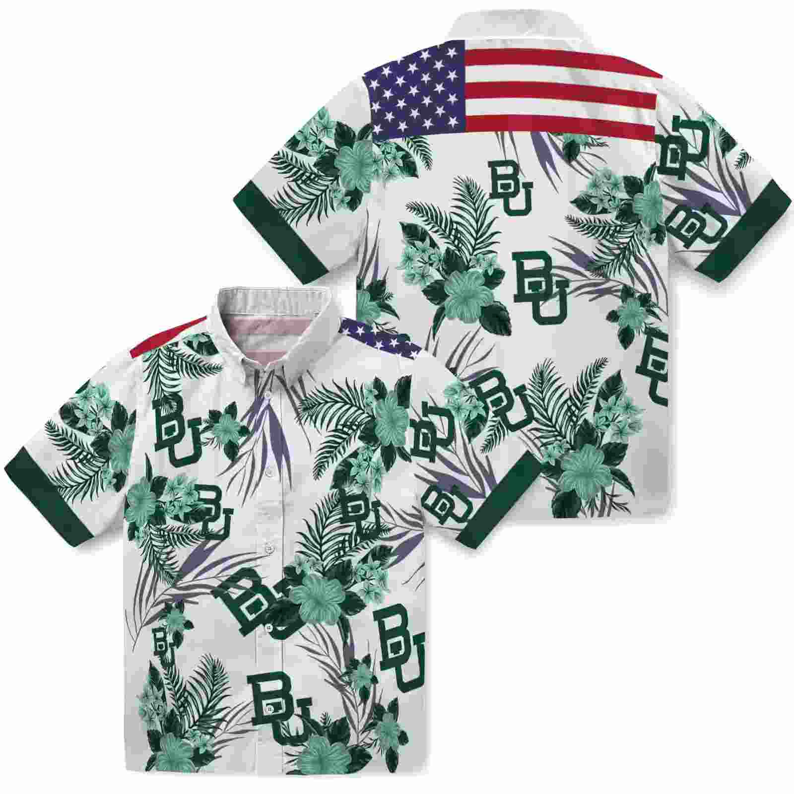 baylor bears patriotic hibiscus design green white hawaiian shirt high quality