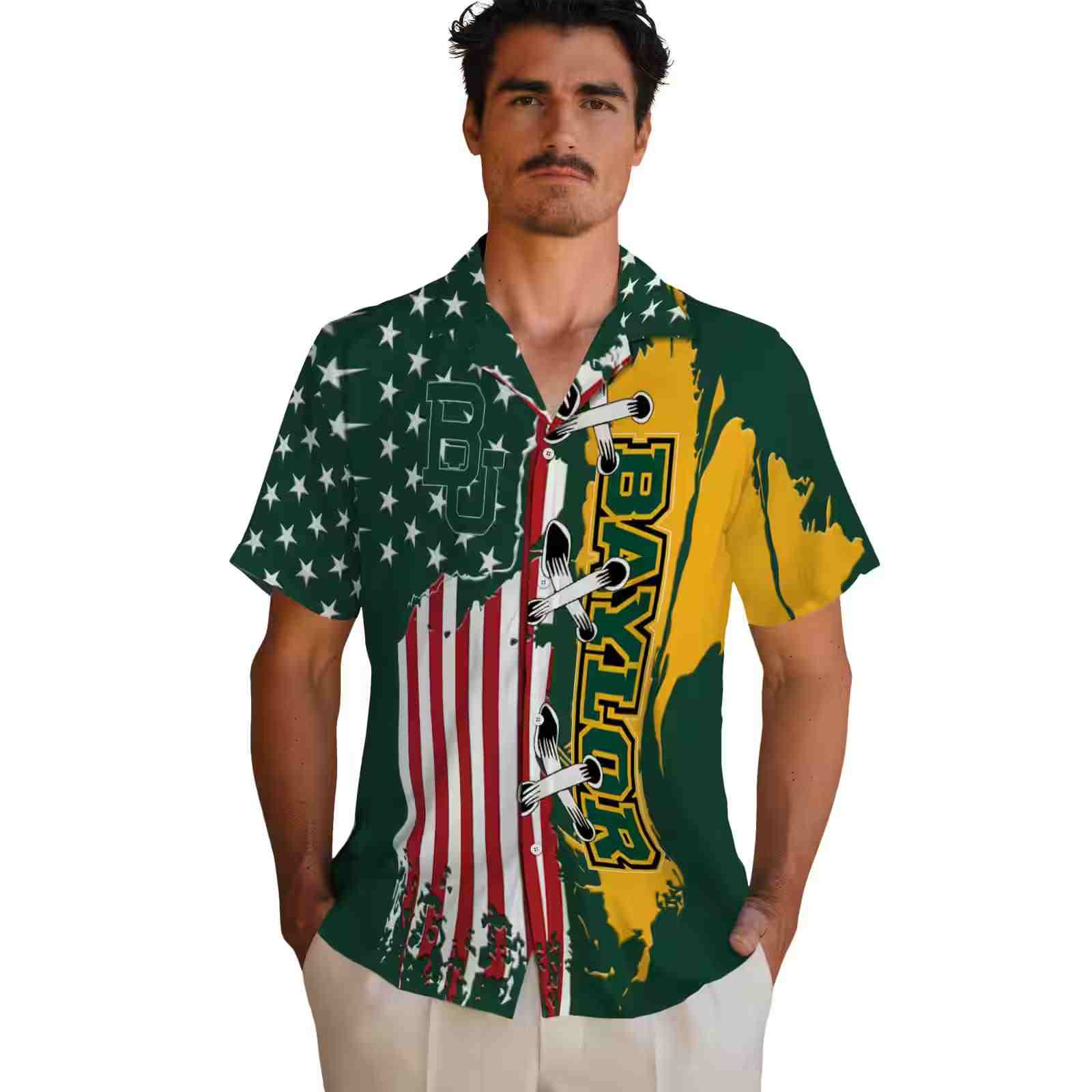 baylor bears stitched flag green hawaiian shirt fashion forward