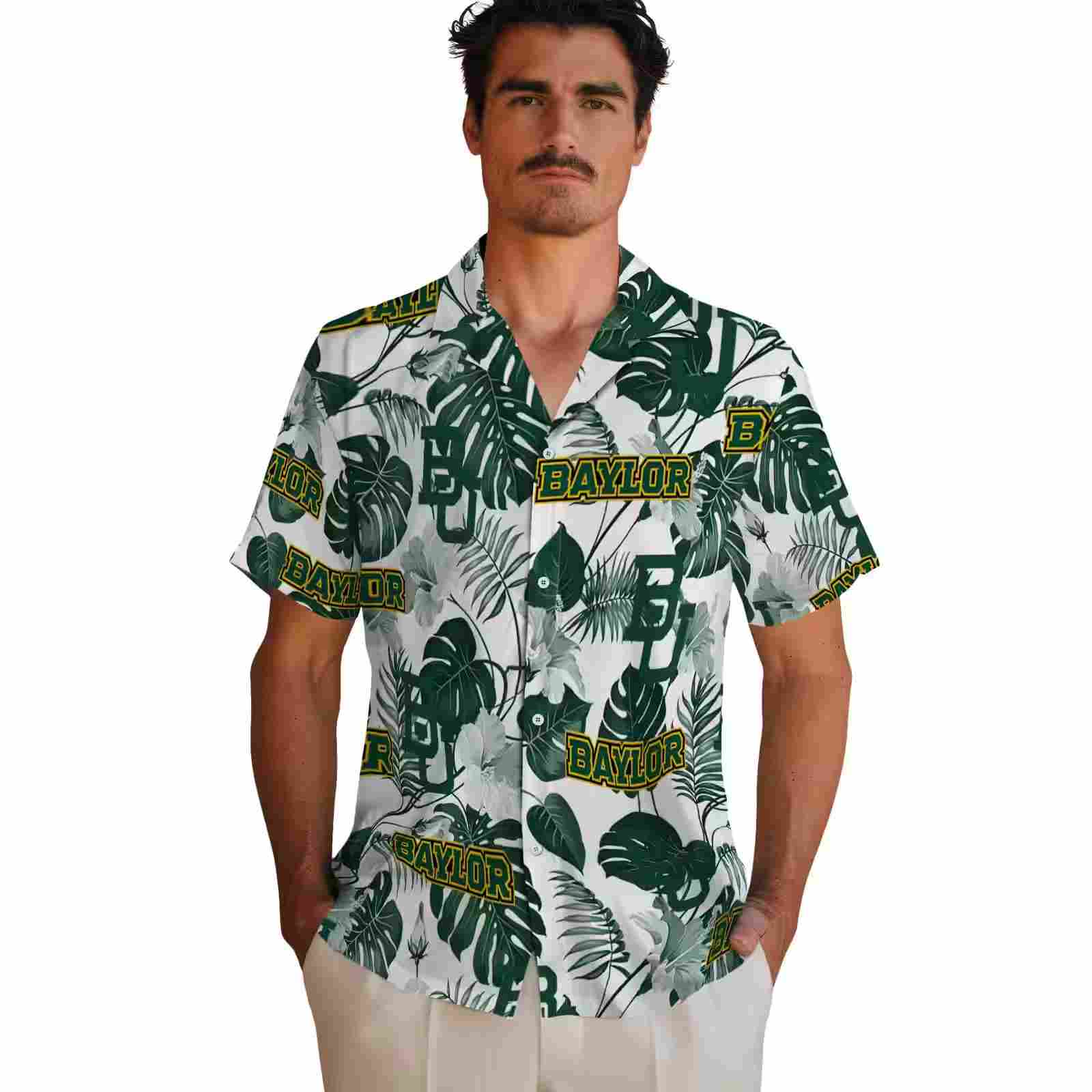 baylor bears tropical plants green white hawaiian shirt fashion forward