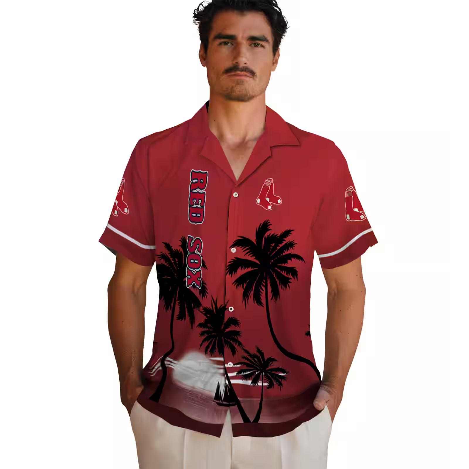 boston red sox beach sunset red black hawaiian shirt fashion forward