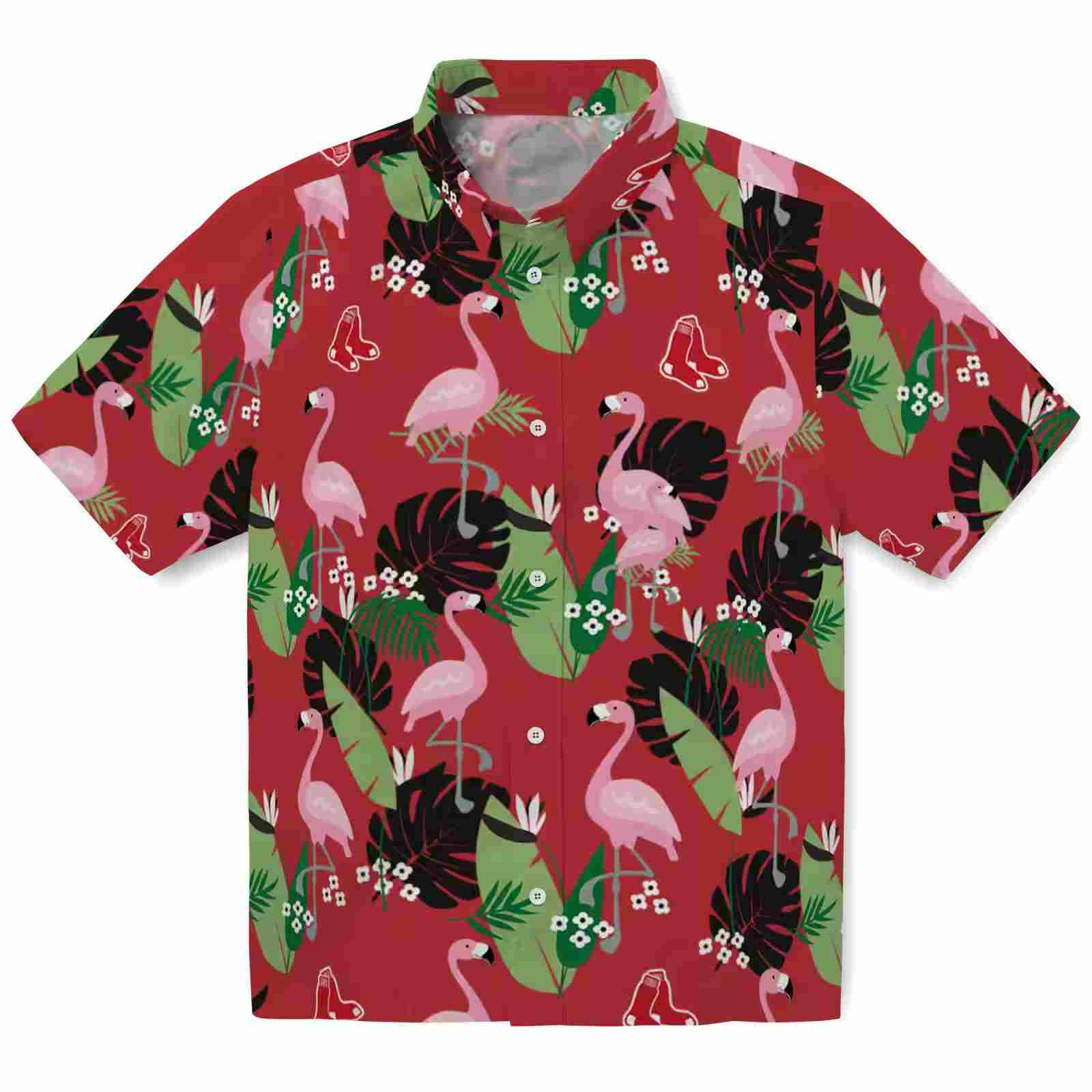 Boston Red Sox Flamingo Leaf Motif Red Hawaiian Shirt