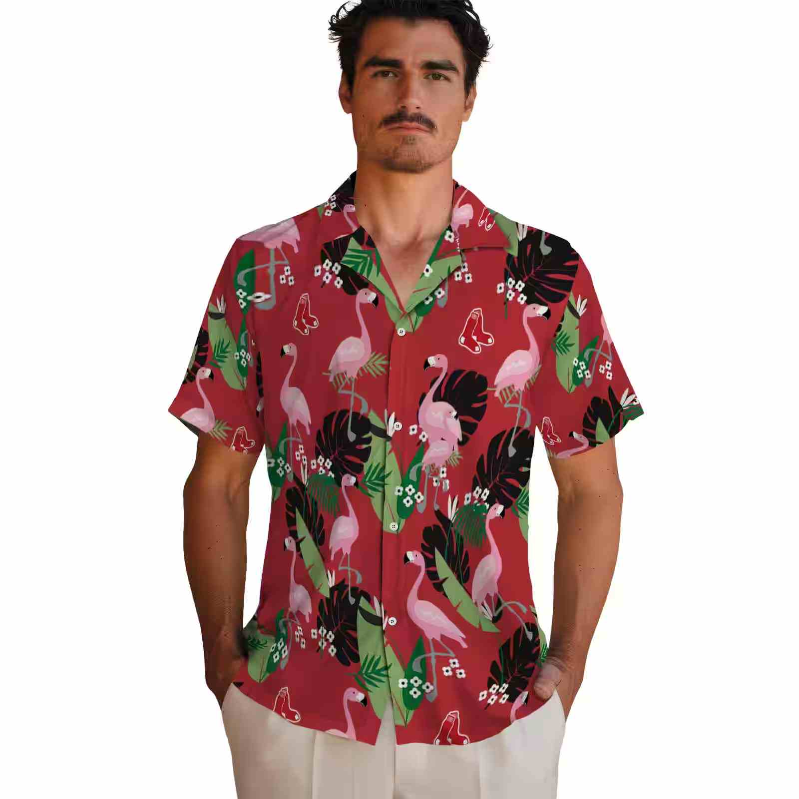 boston red sox flamingo leaf motif red hawaiian shirt fashion forward