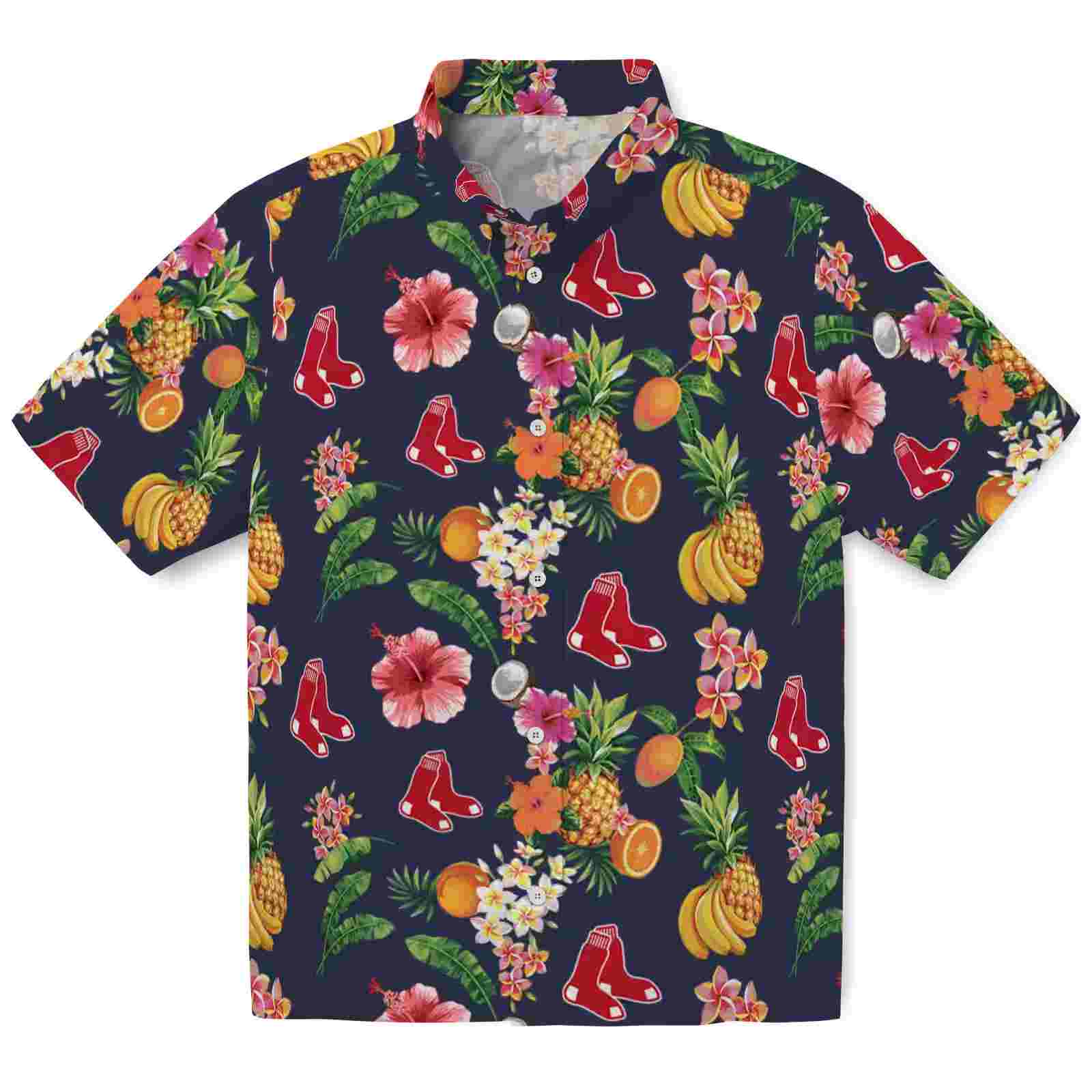 Boston Red Sox Hibiscus And Fruit Navy Blue Hawaiian Shirt