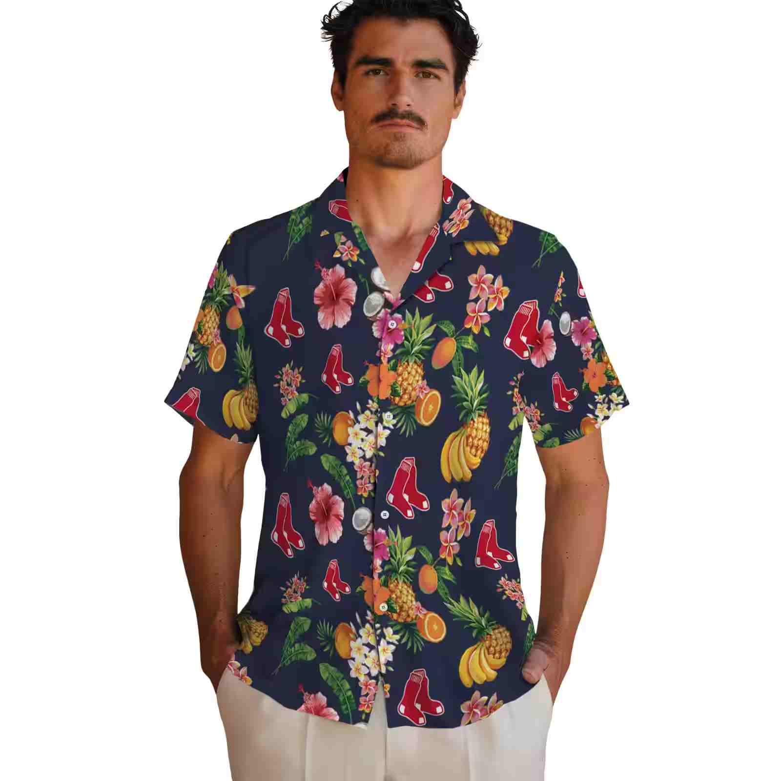 boston red sox hibiscus and fruit navy blue hawaiian shirt fashion forward