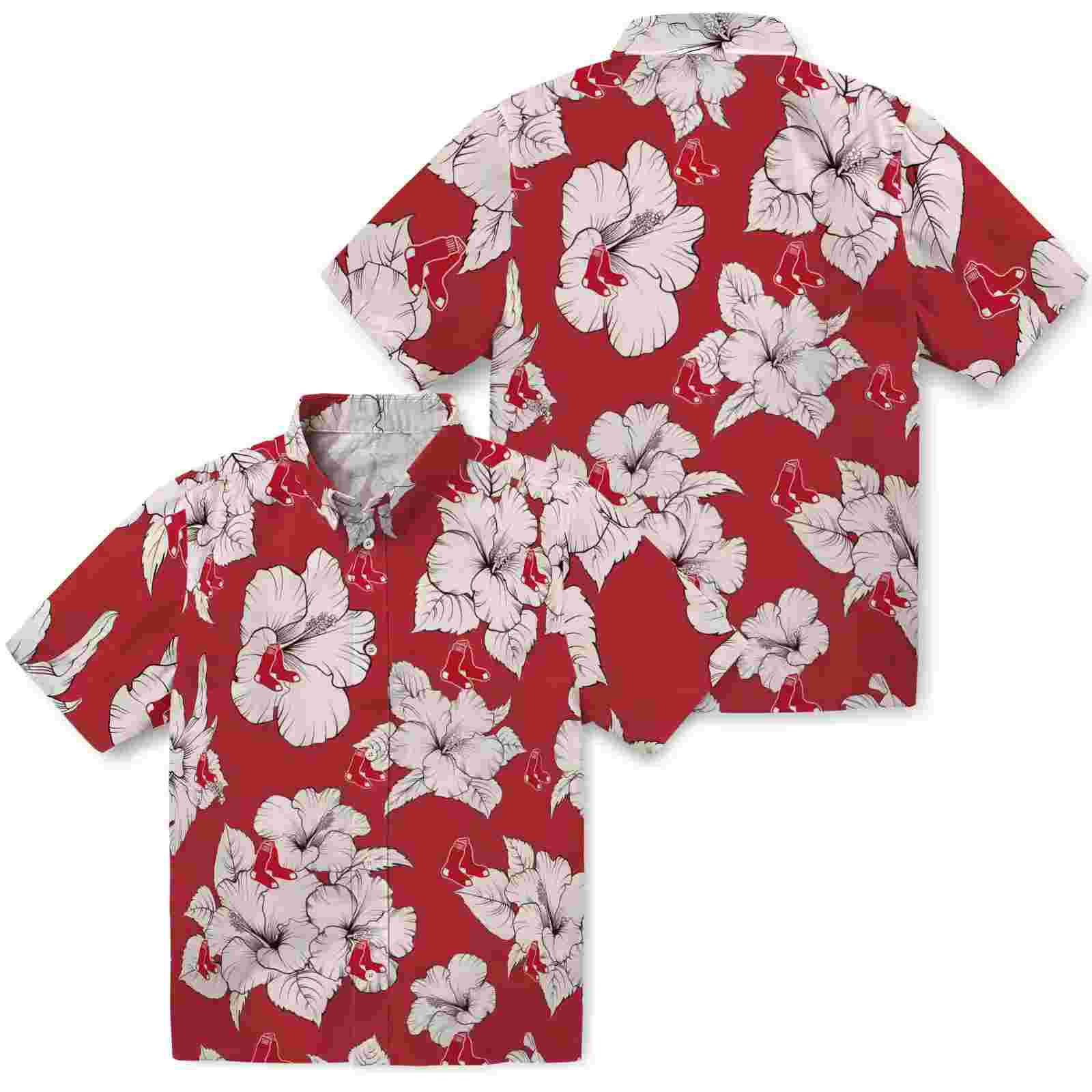 boston red sox hibiscus blooms red white hawaiian shirt high quality