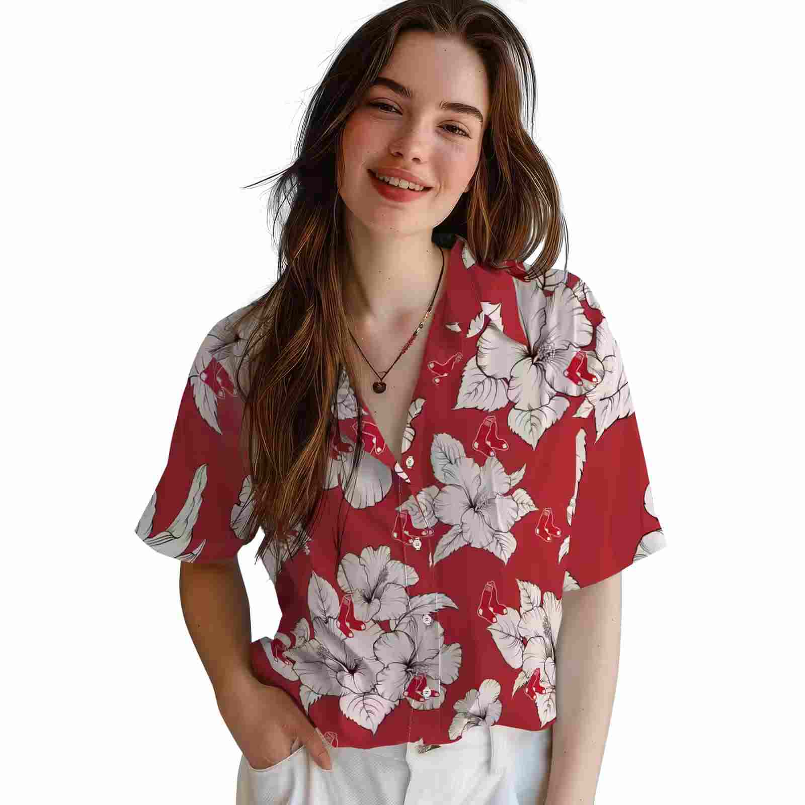 boston red sox hibiscus blooms red white hawaiian shirt latest model