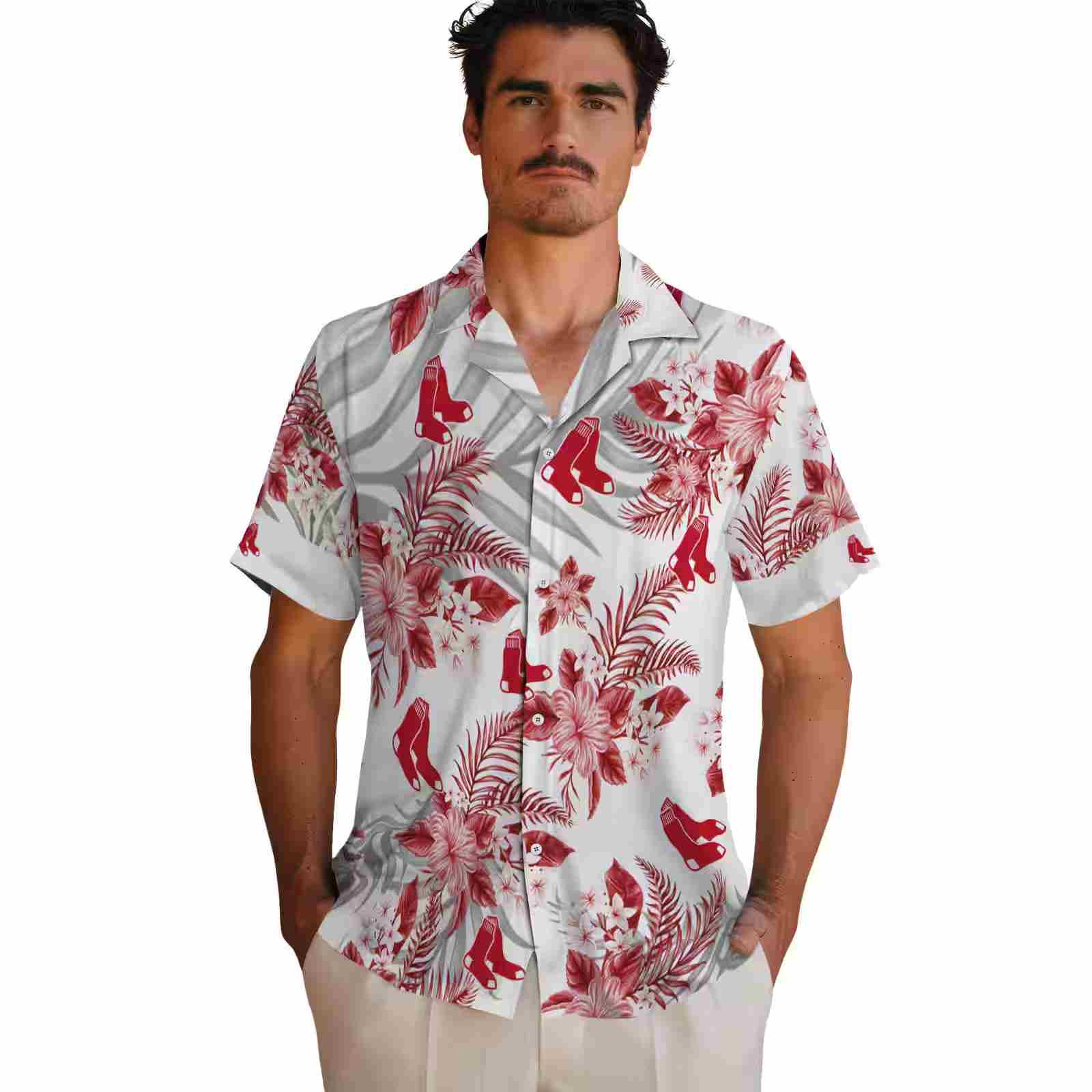 boston red sox hibiscus palm leaves red white hawaiian shirt fashion forward