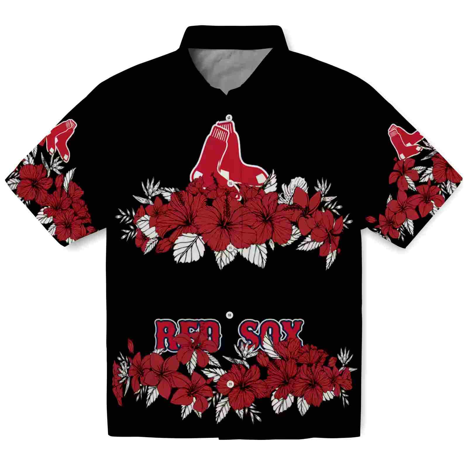 Boston Red Sox Hibiscus Stripe Red Black Hawaiian Shirt