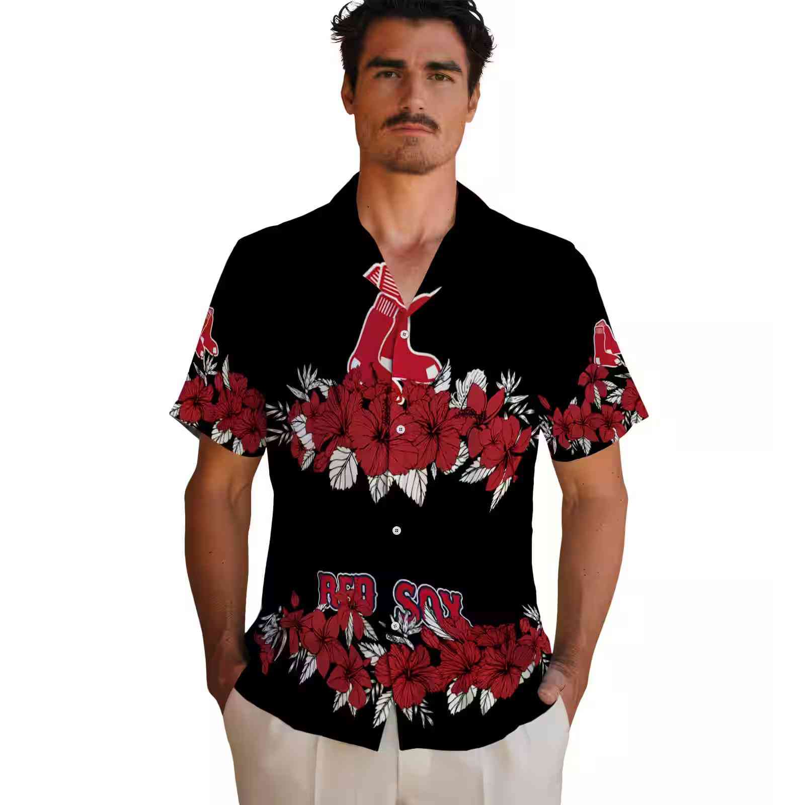 boston red sox hibiscus stripe red black hawaiian shirt fashion forward