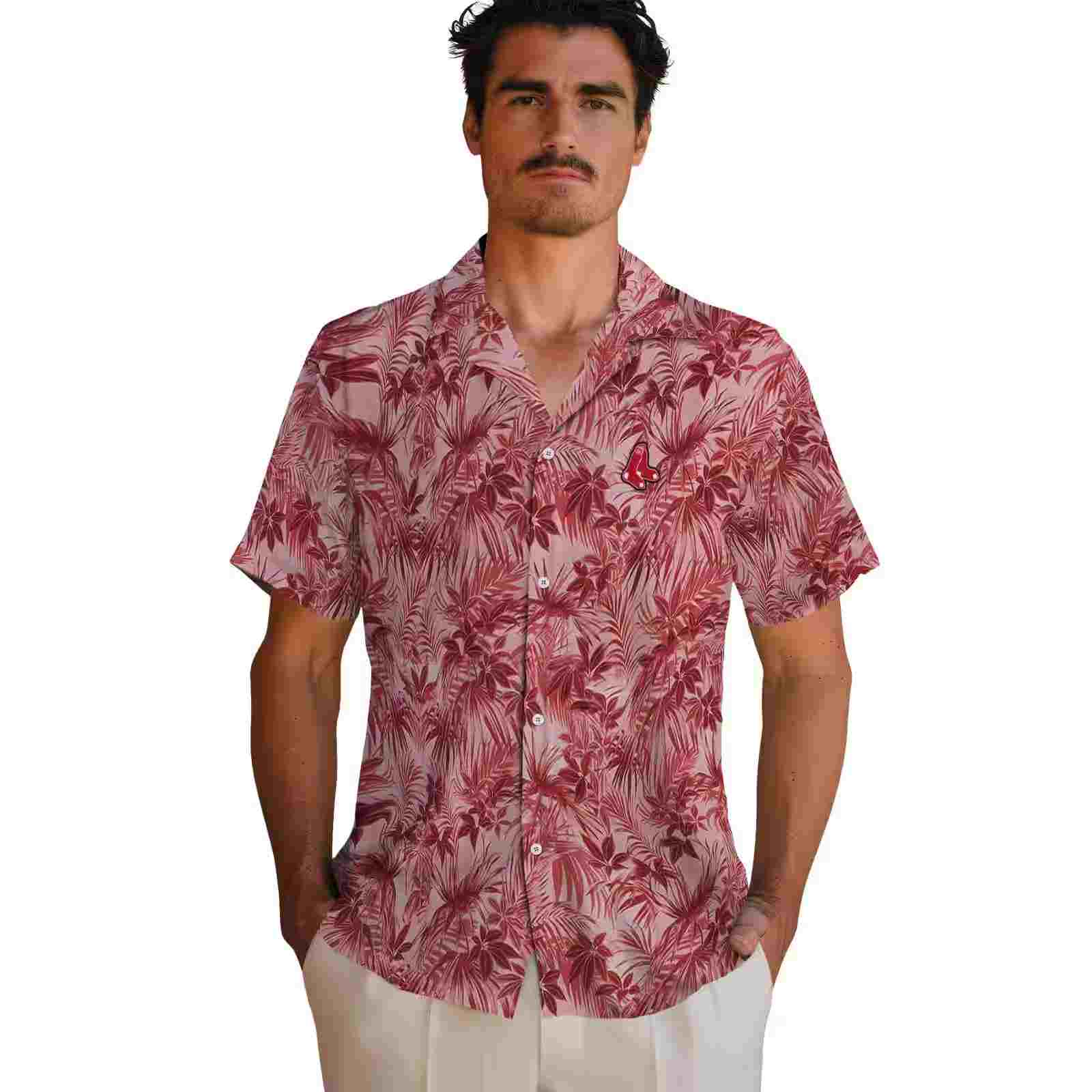 boston red sox leafy pattern red hawaiian shirt fashion forward