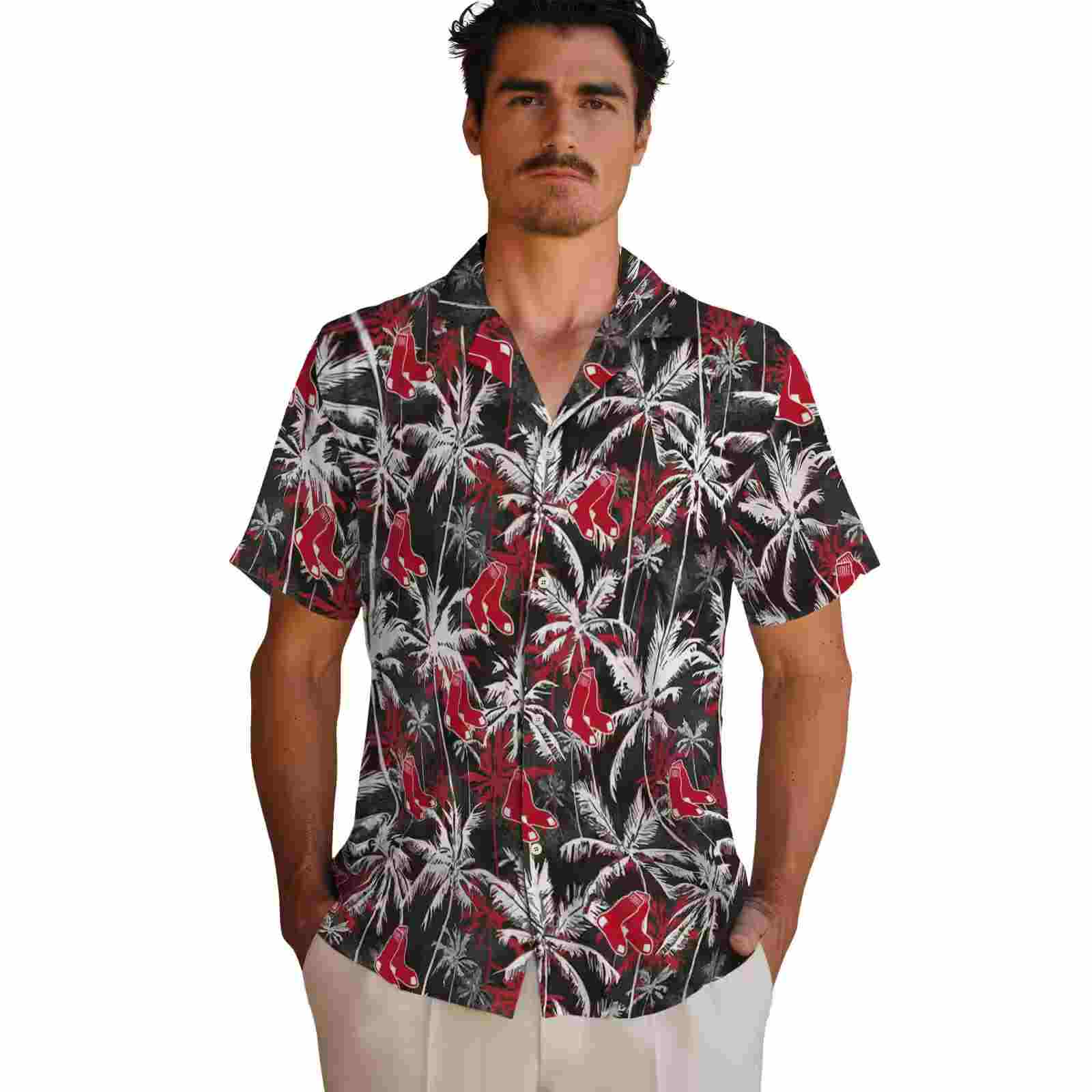 boston red sox palm pattern red black hawaiian shirt fashion forward