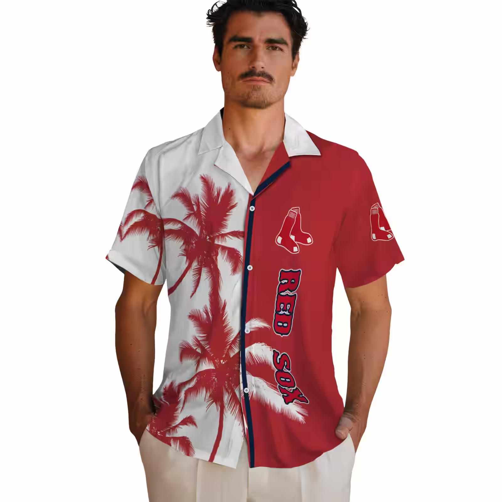 boston red sox palm trees red white hawaiian shirt fashion forward