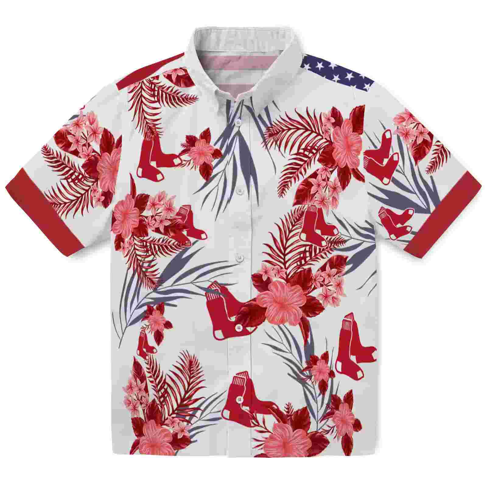 Boston Red Sox Patriotic Hibiscus Design Red White Hawaiian Shirt