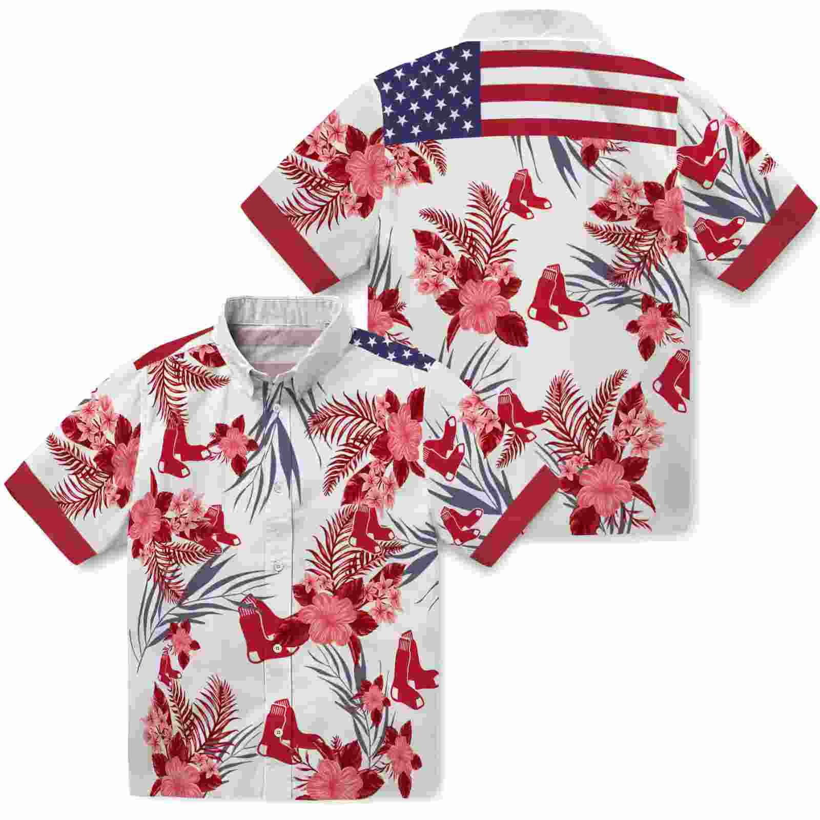 boston red sox patriotic hibiscus design red white hawaiian shirt high quality