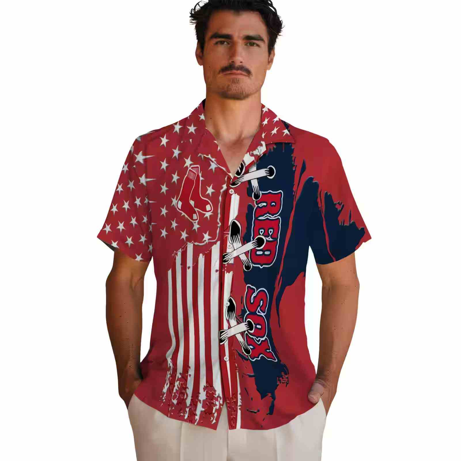 boston red sox stitched flag red hawaiian shirt fashion forward