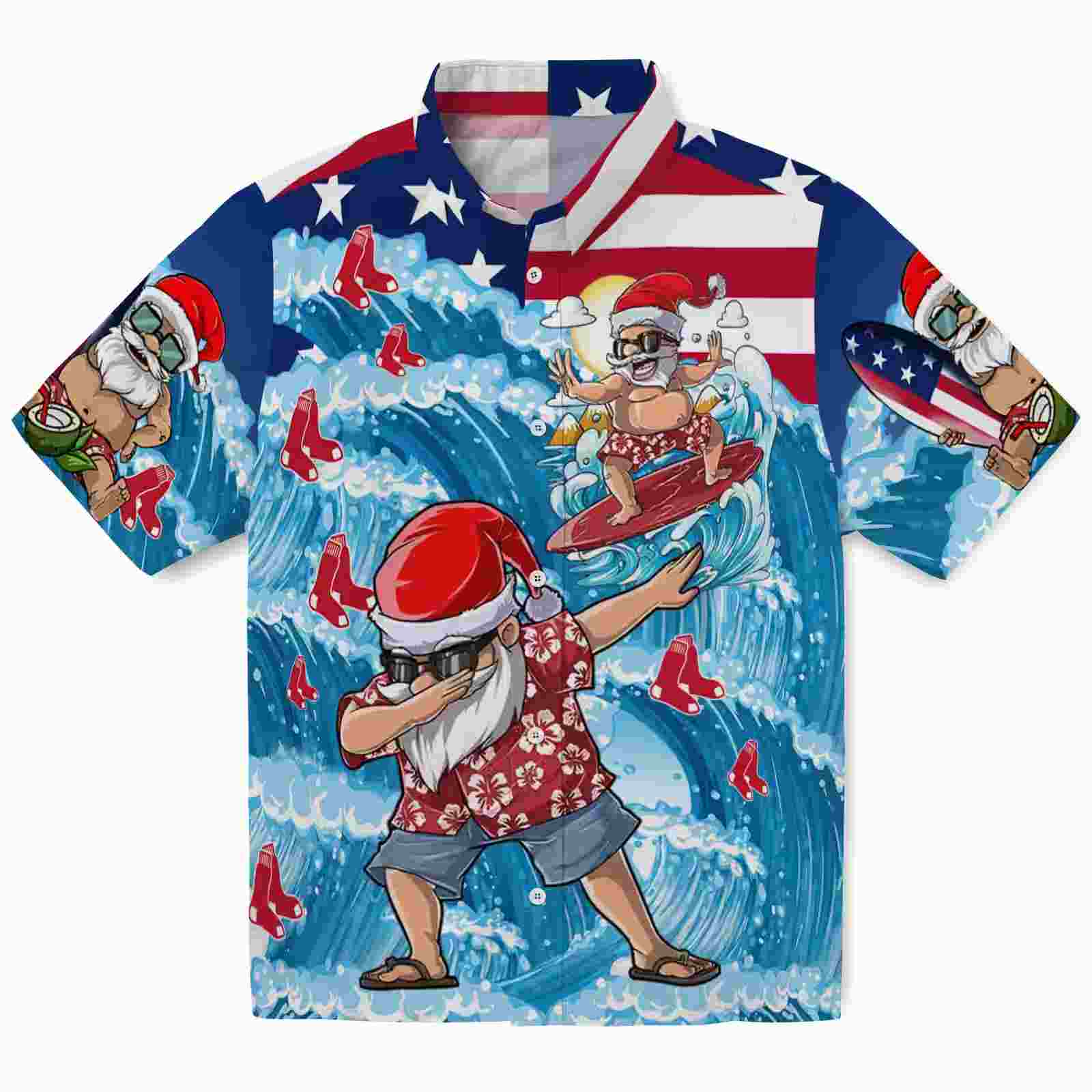 Boston Red Sox Surfing Santa Blue Hawaiian Shirt