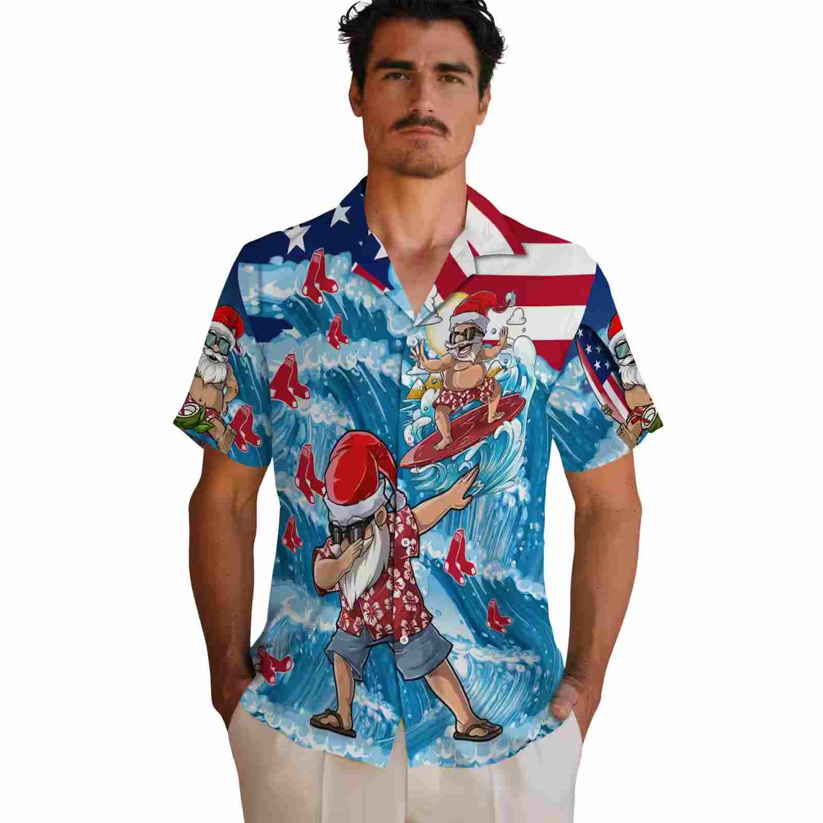 boston red sox surfing santa blue hawaiian shirt fashion forward