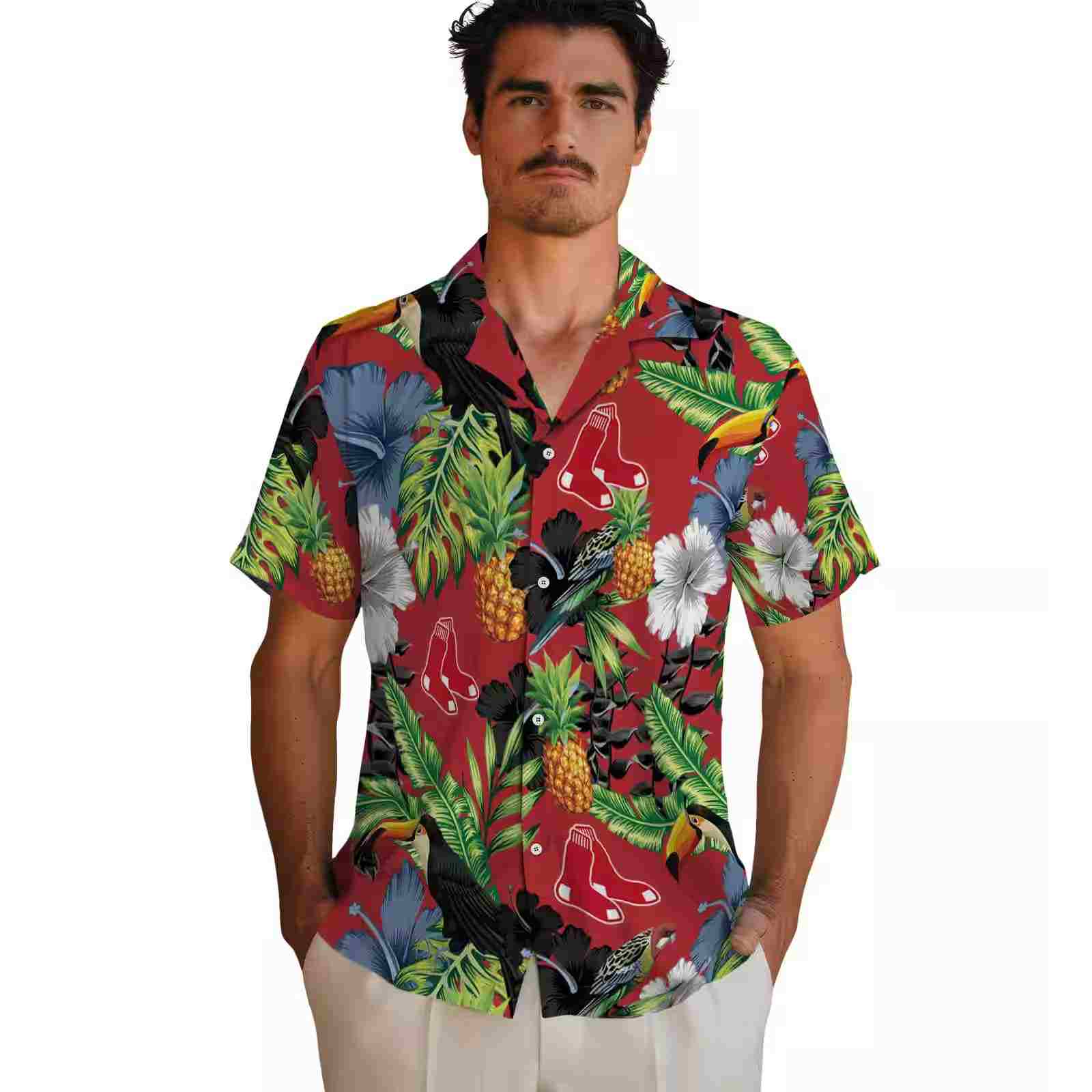 boston red sox toucan hibiscus pineapple red green hawaiian shirt fashion forward