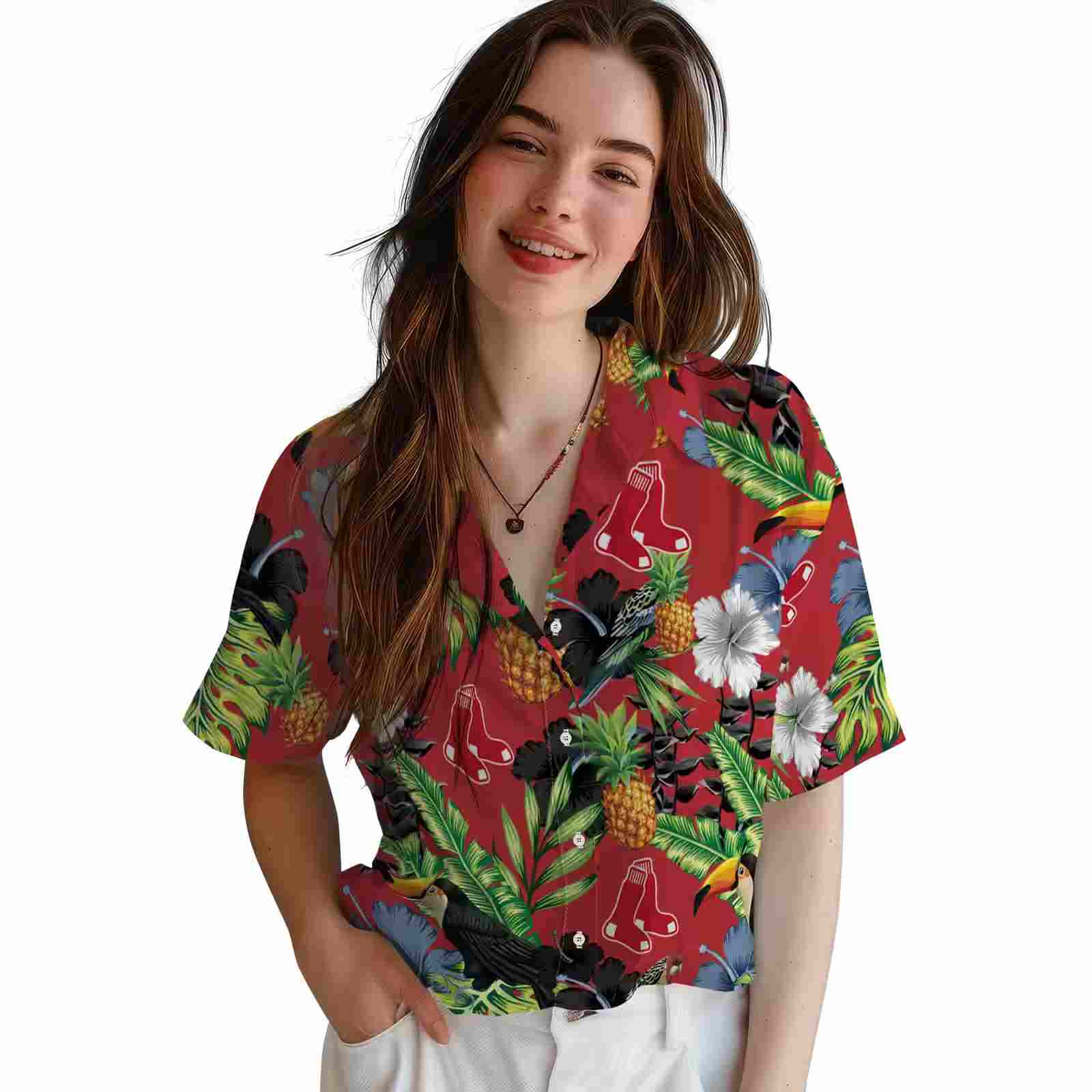 boston red sox toucan hibiscus pineapple red green hawaiian shirt latest model