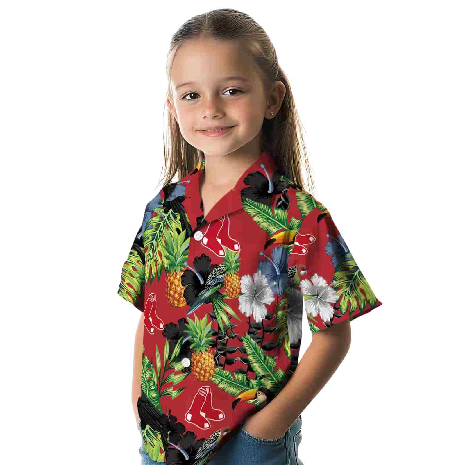 boston red sox toucan hibiscus pineapple red green hawaiian shirt premium grade