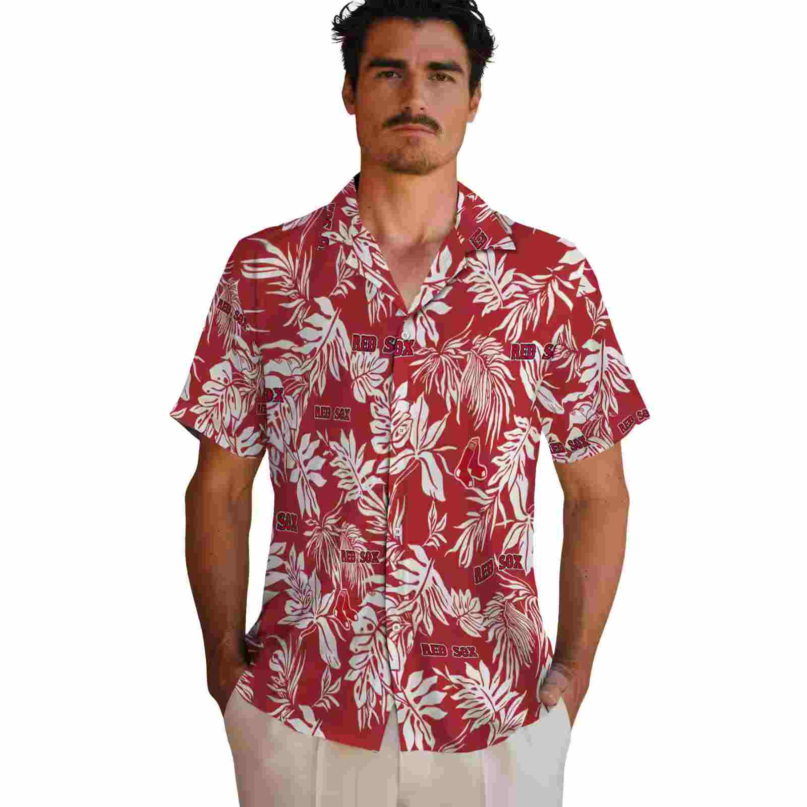 boston red sox tropical leaf red white hawaiian shirt fashion forward