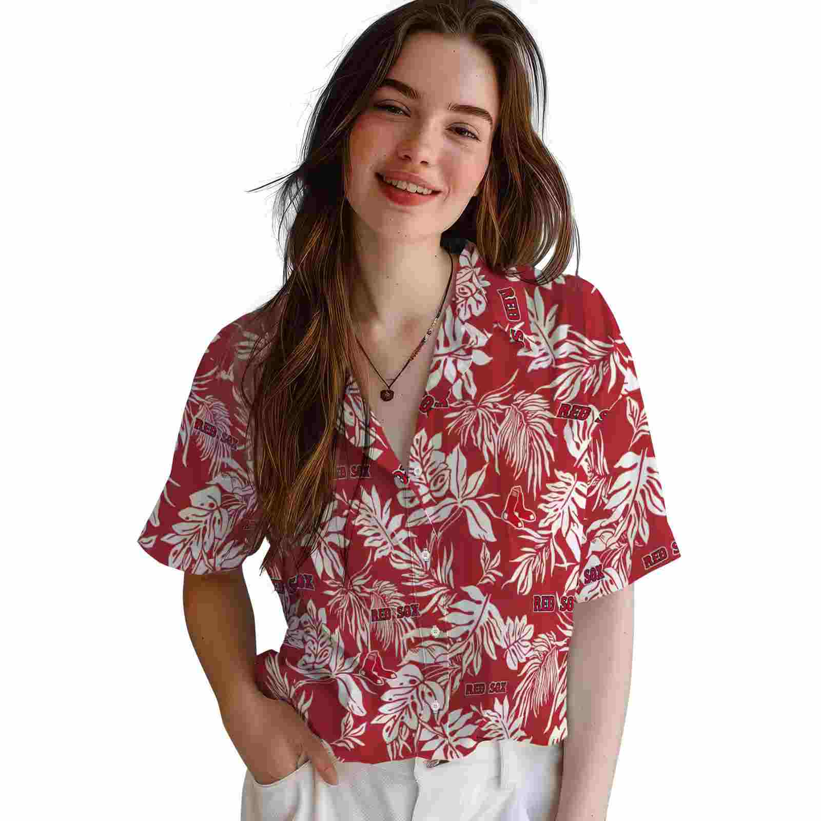 boston red sox tropical leaf red white hawaiian shirt latest model