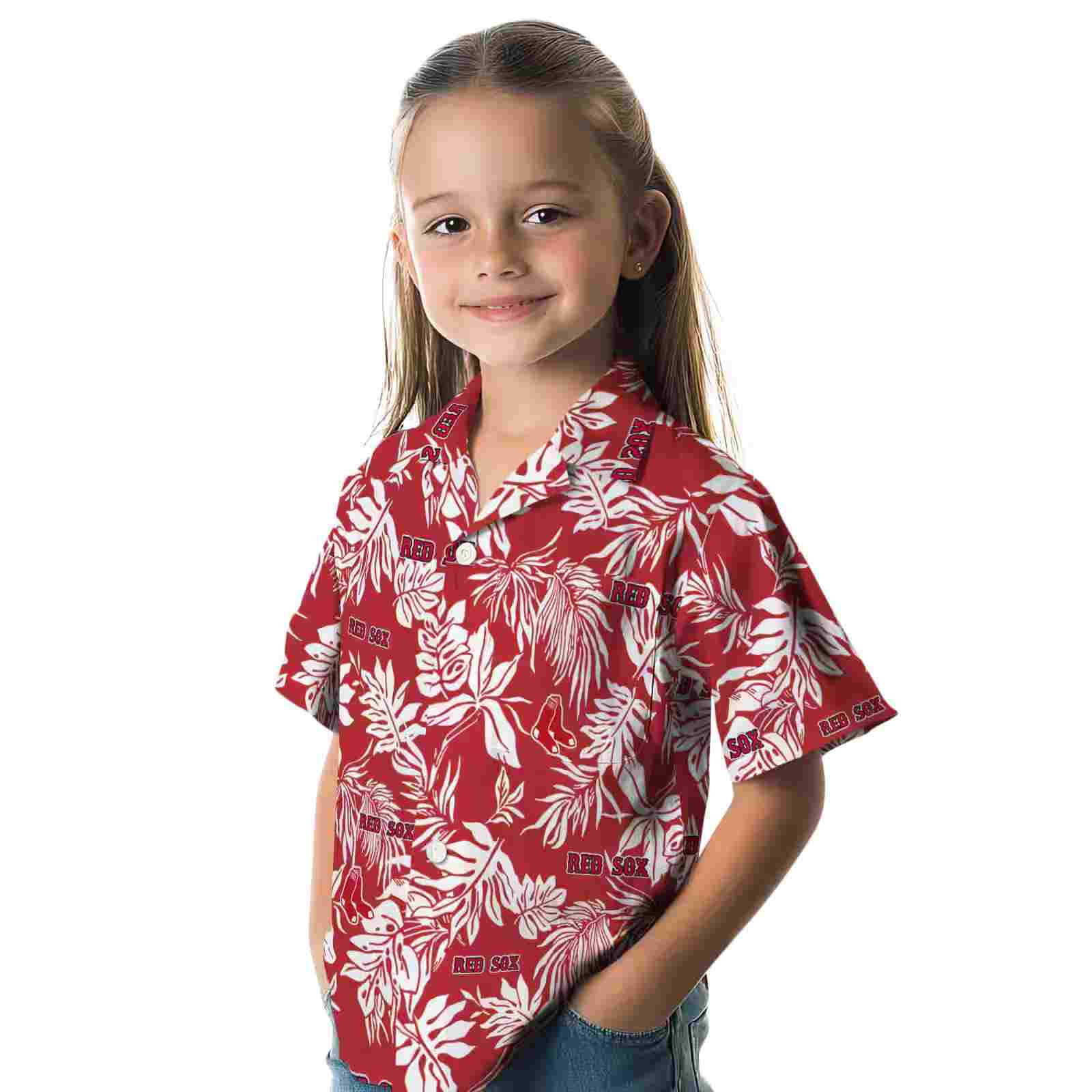 boston red sox tropical leaf red white hawaiian shirt premium grade