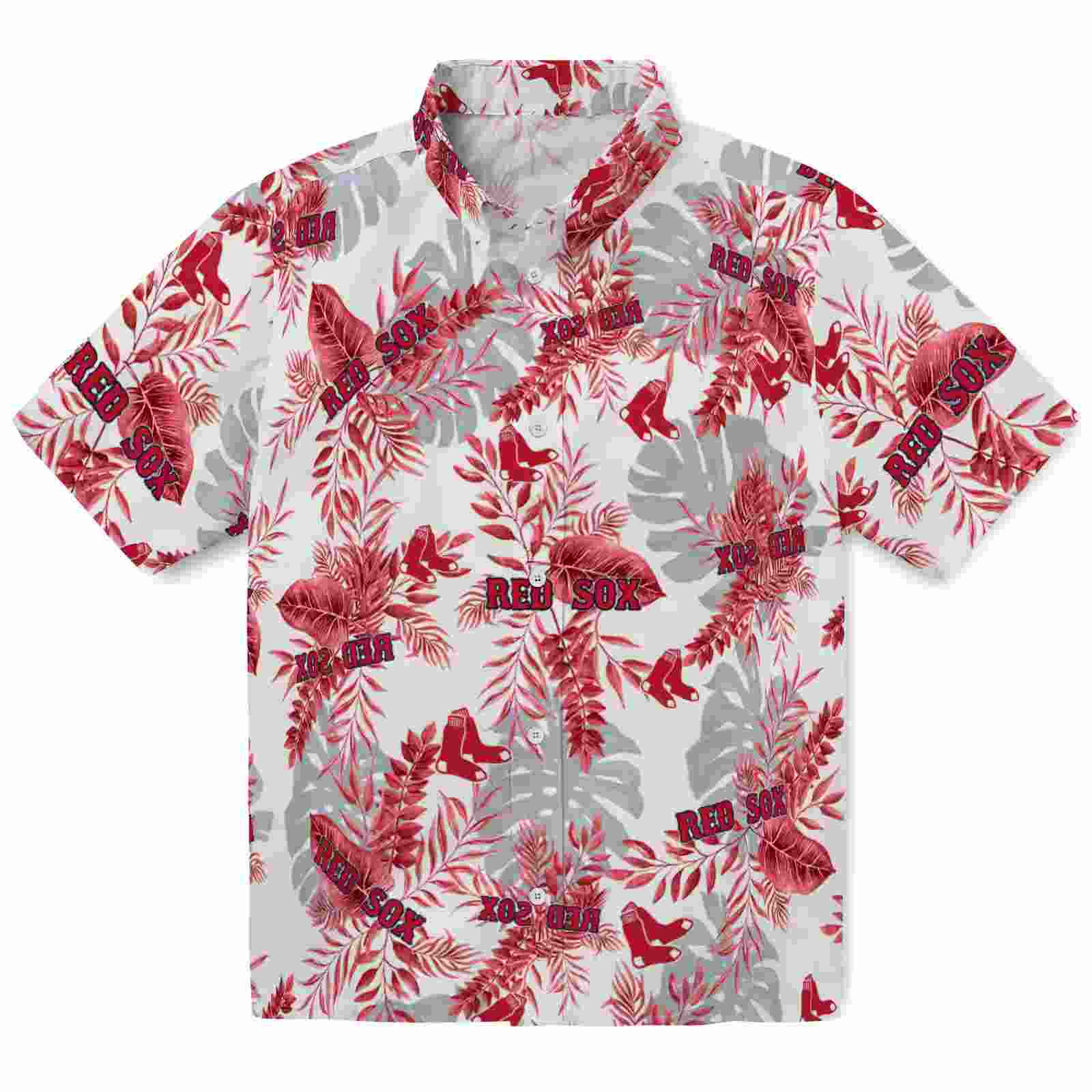 Boston Red Sox Tropical Leaves Red White Hawaiian Shirt