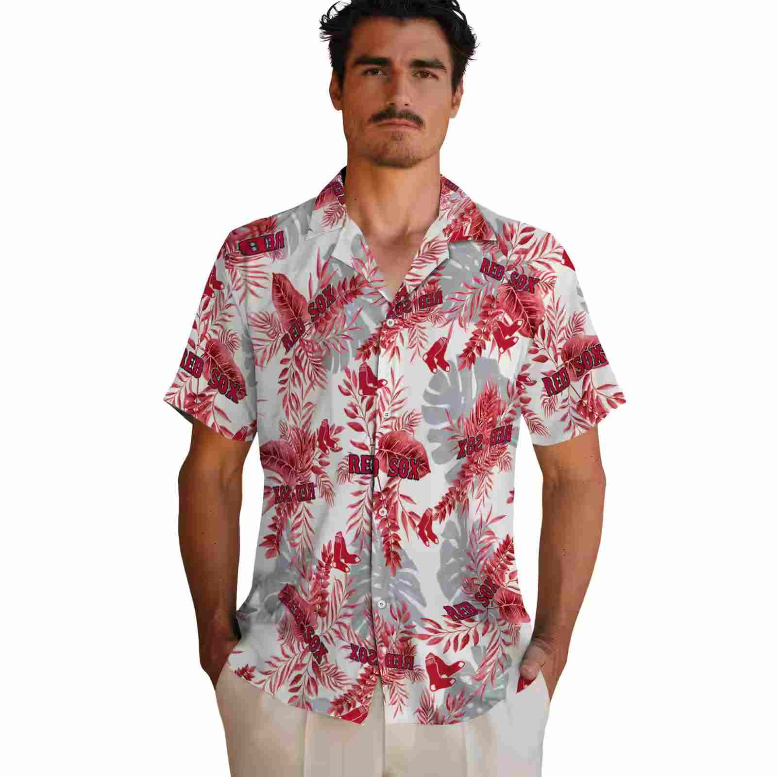 boston red sox tropical leaves red white hawaiian shirt fashion forward