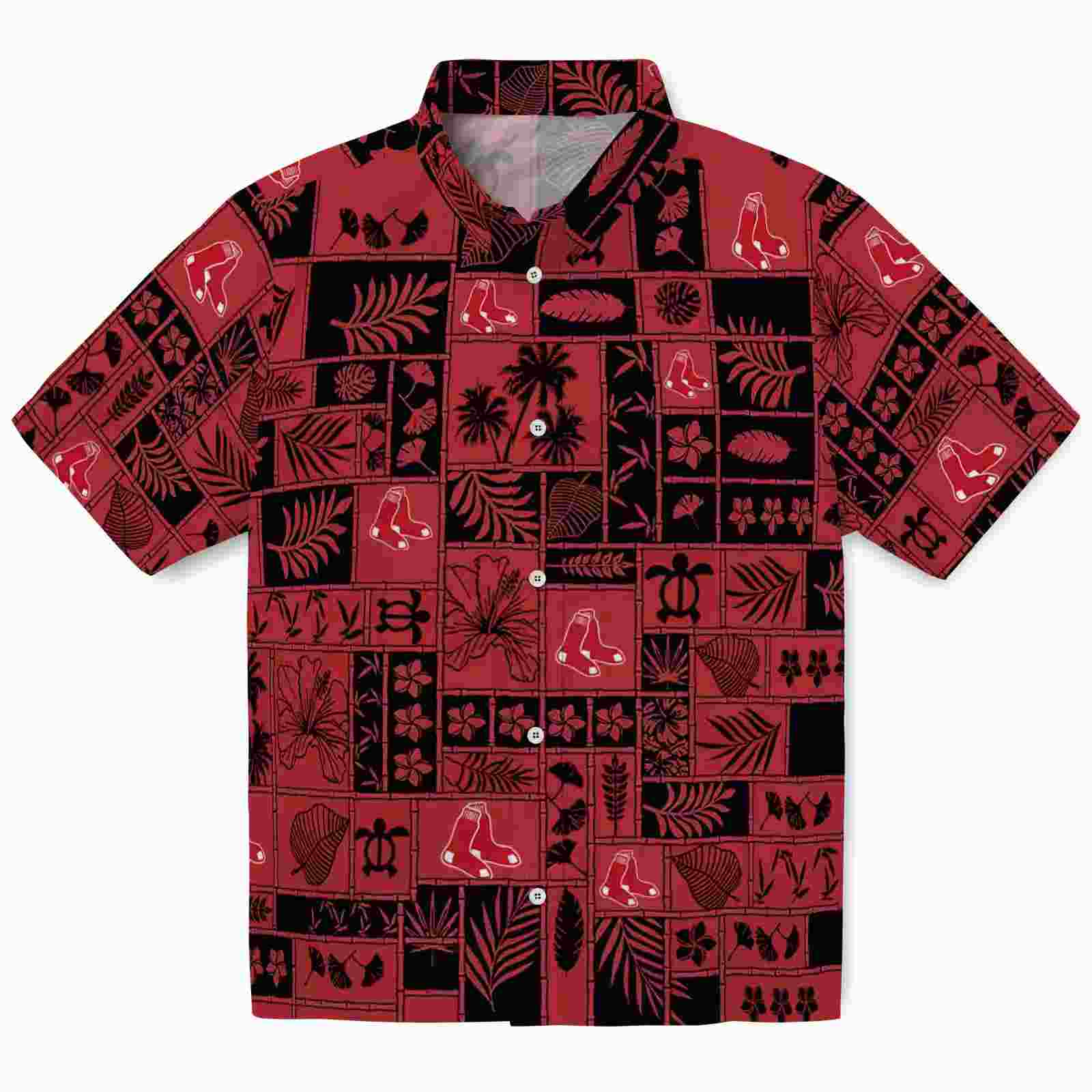 Boston Red Sox Tropical Patchwork Red Black Hawaiian Shirt