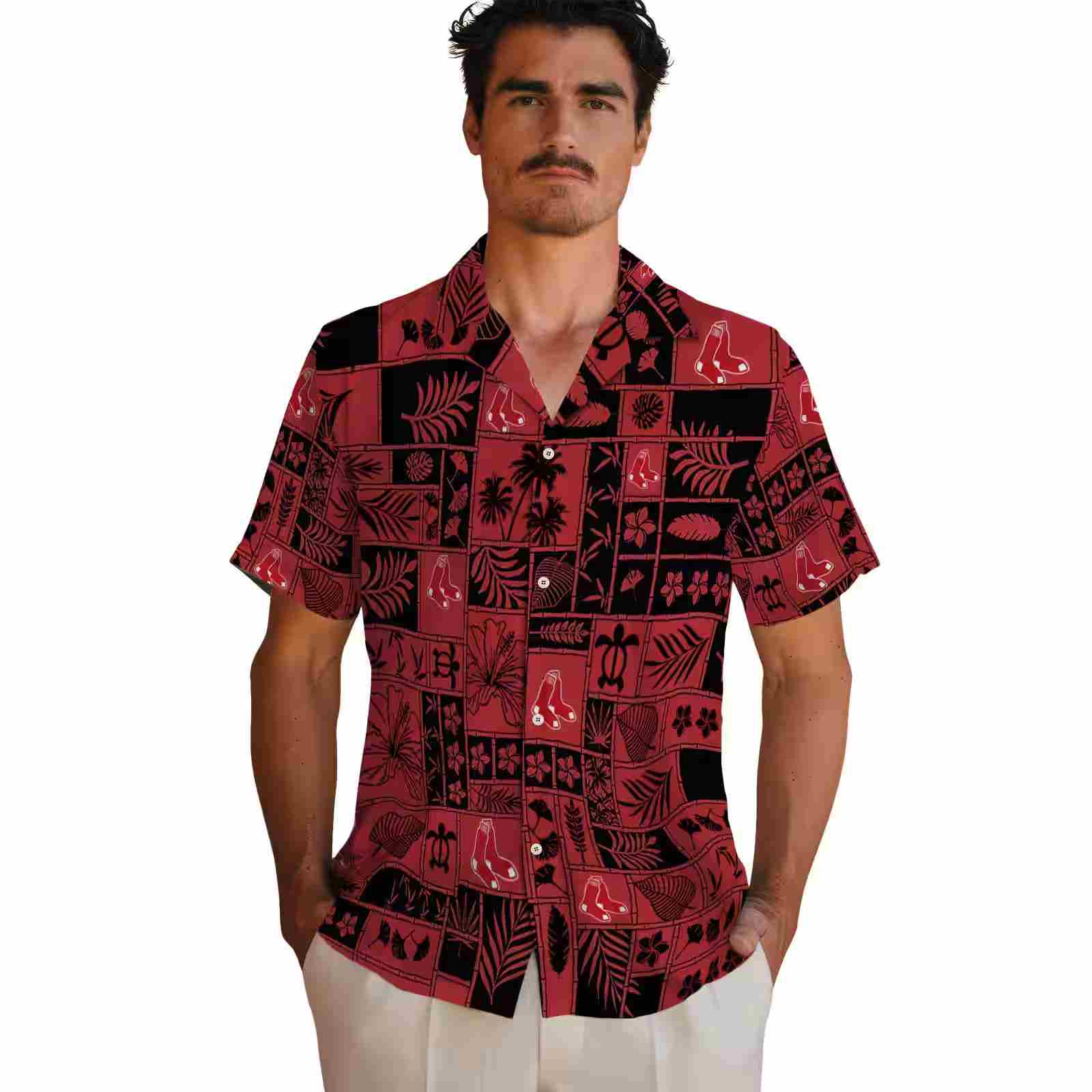 boston red sox tropical patchwork red black hawaiian shirt fashion forward